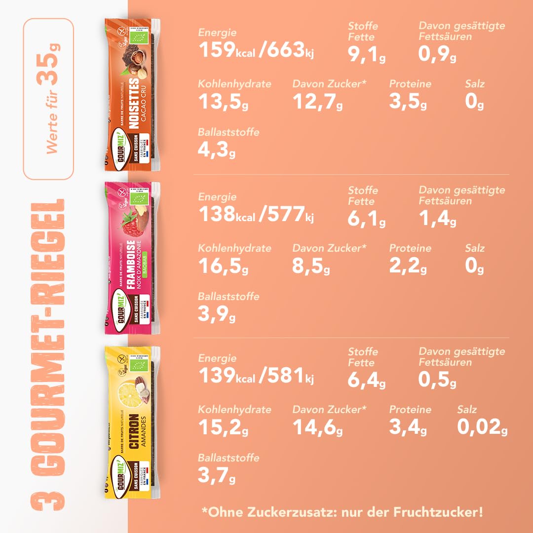 Gourmiz Fruit Bar - Discovery Pack 6 Bars, High Energy Carbohydrate & Organic Protein Bars, Dates, Vegan Snacks, Gluten Free, No Added Sugar - Perfect for Sports, Hiking & Healthy On-the-Go Snacking