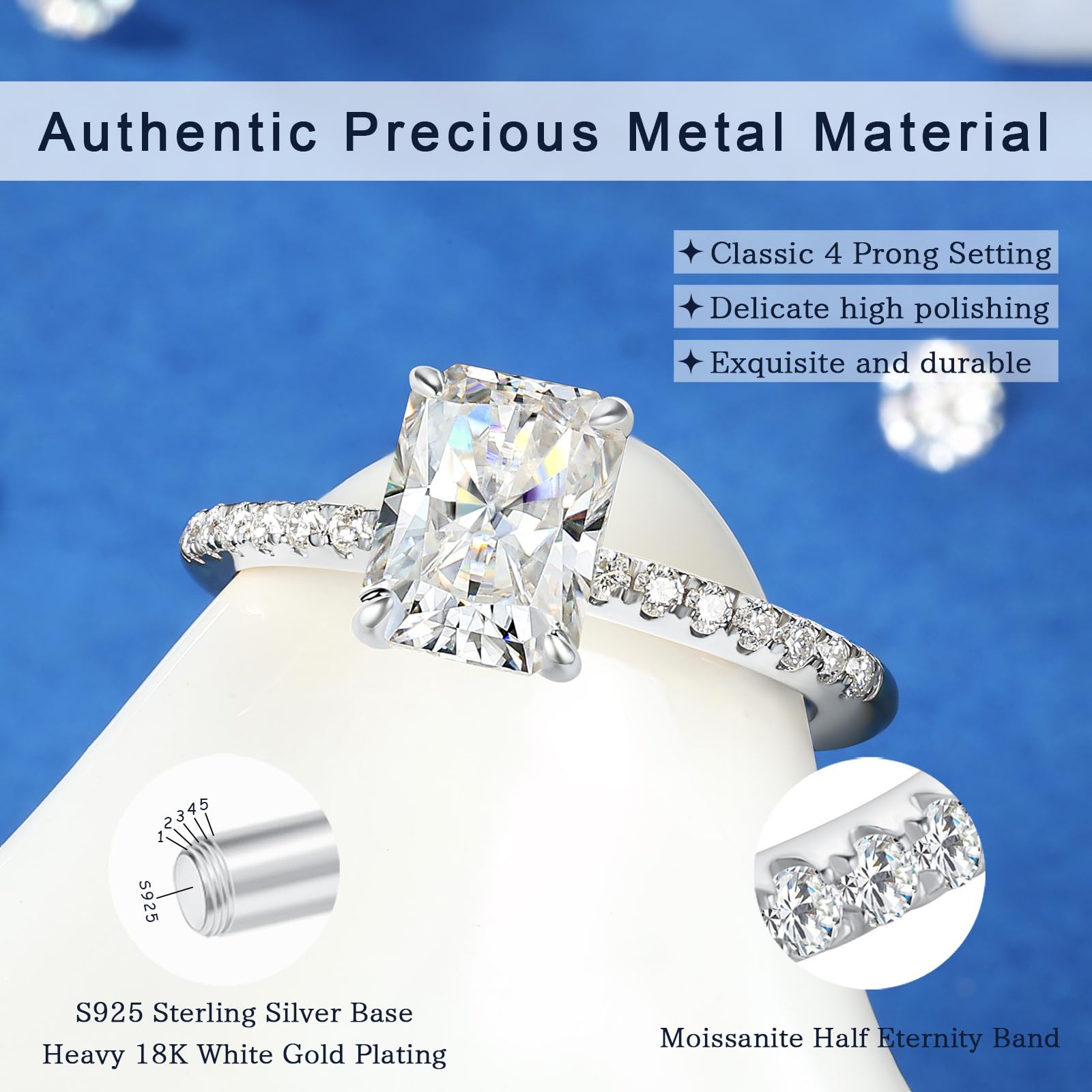 Radiant Cut Moissanite Engagement Rings for Women - 1.5-2 Carat Halo Wedding Band in 18K Gold Plated Sterling Silver - Perfect for Proposals, Anniversaries & Bridal Jewelry