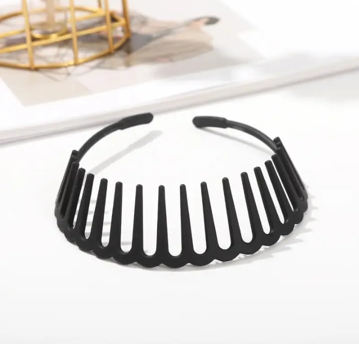 Non-Slip Resin Hair Hoop - Matte Finish Teeth Comb Headband for Women & Girls (2 Pack, Black) | Wavy Toothed Hair Clasp for Ponytails, Updos & Everyday Styling