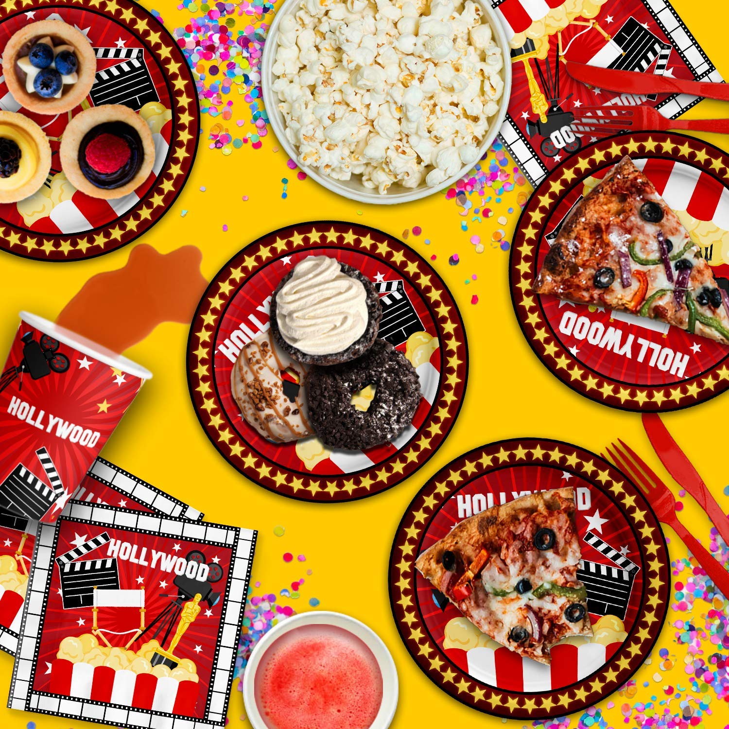 Hollywood Movie Night Birthday Party Supplies Set - 16-Piece Disposable Plates, Napkins, Cups & Tableware Kit for Themed Decorations - Perfect for Cinema-Themed Parties, Movie Premieres & Hollywood Celebrations