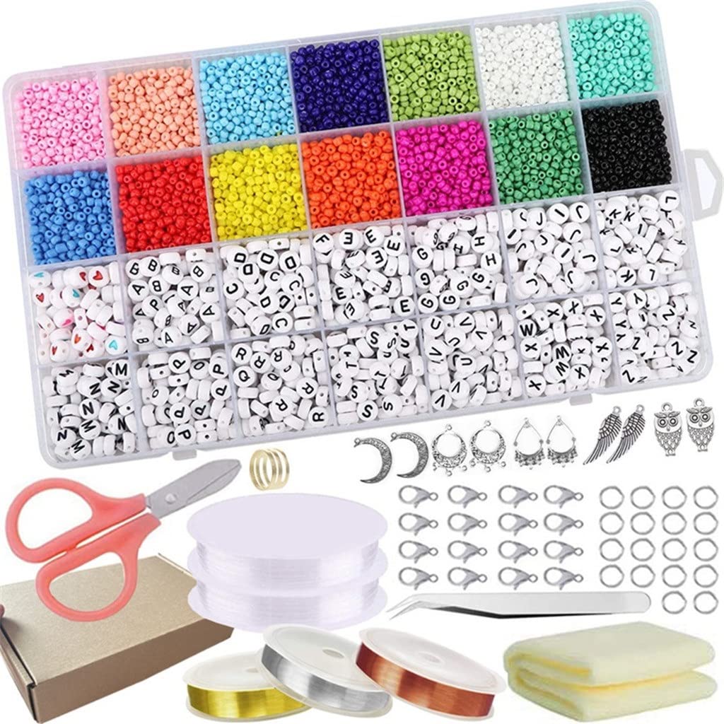 4300Pcs 3mm Glass Seed Beads & 700Pcs Alphabet Letter Beads Kit - DIY Jewelry Making Supplies for Bracelets, Necklaces, Crafting with Elastic String - Perfect for Gifts & Art Projects (Color A, One Size)