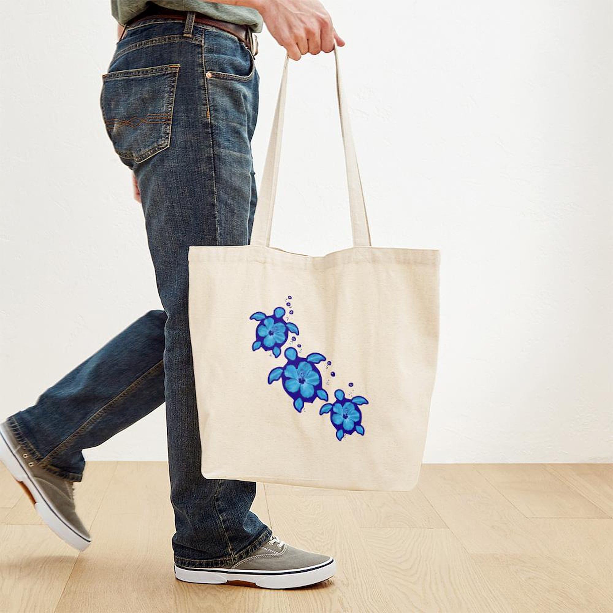 Blue Hibiscus Honu Turtles Canvas Tote Bag - Eco-Friendly Reusable Shopping Bag for Beach, Grocery & Daily Use | Natural Cotton Carryall for Women & Men