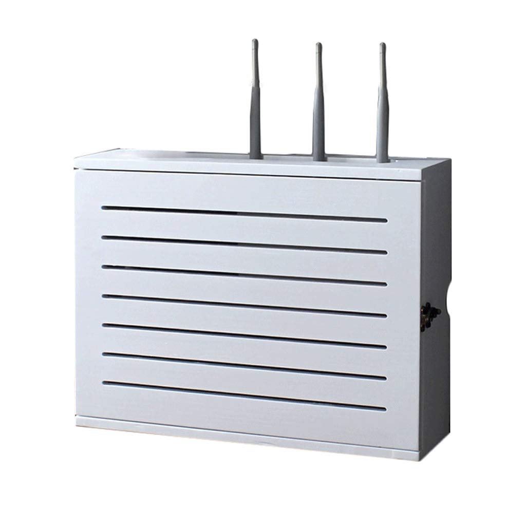White Wireless Router Storage Shelf - Wall-Mounted WiFi Router Organizer Box with Cable Management & Socket Cover, Floating Shelf (40cm Inner Diameter) - Perfect for Home Office & Living Room Network Setup