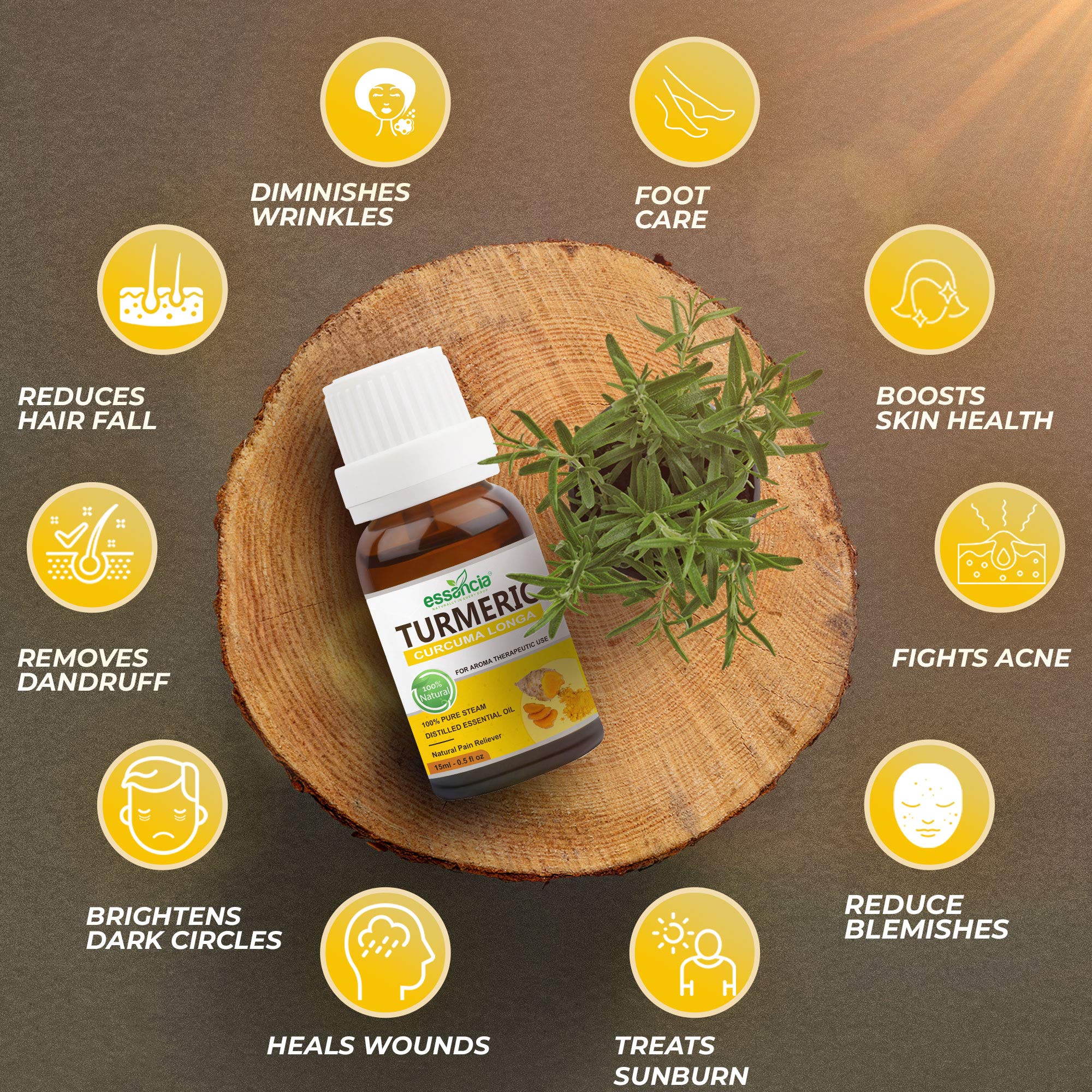 **Essencia Pure Turmeric Essential Oil - 15ml, 100% Natural & Undiluted for Skin Cleansing, Whitening, Dark Spot Treatment, Hair Care, Face & Aromatherapy - Therapeutic Grade Oil for Diffusers, Massage & Relaxation**