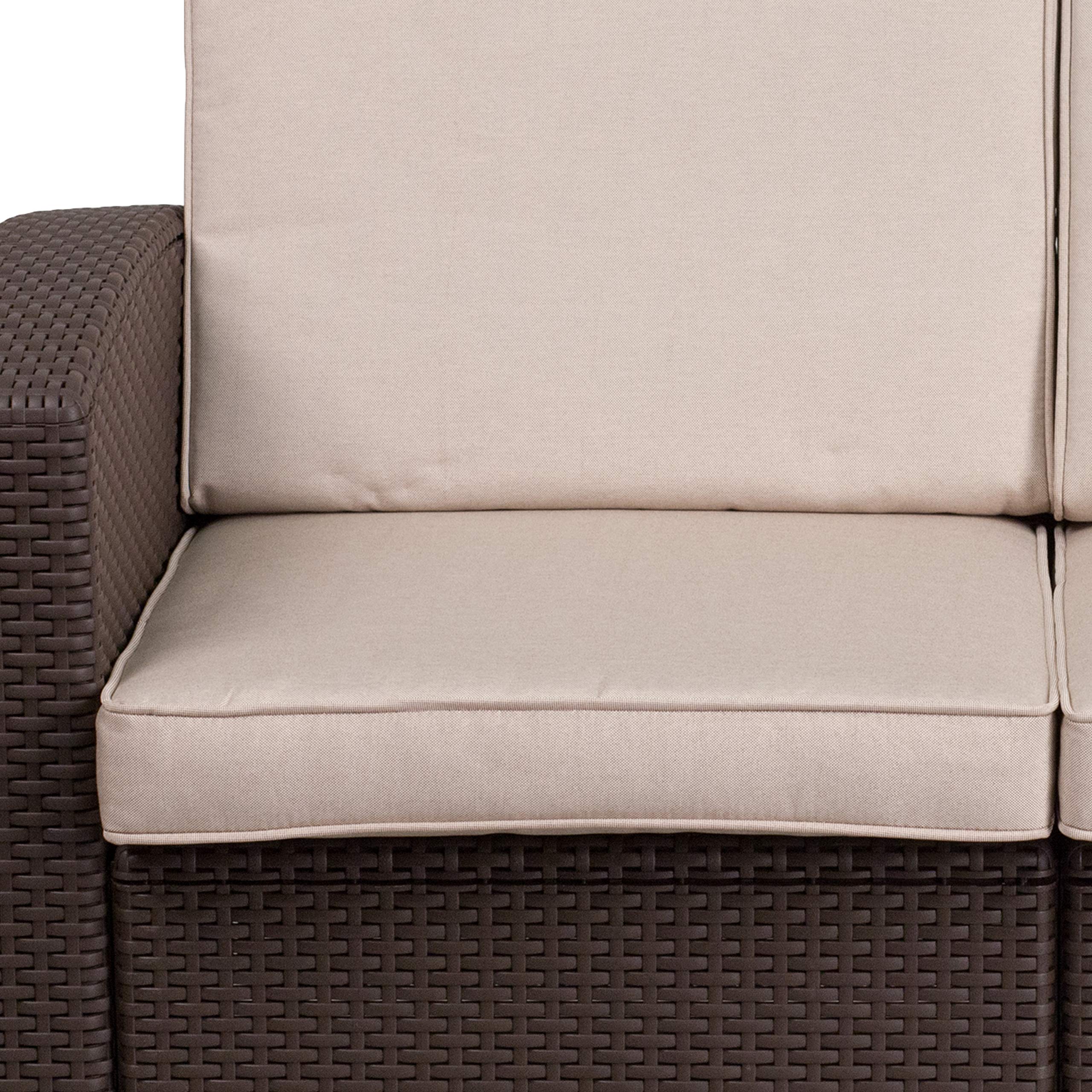 Flash Furniture Seneca Chocolate Brown Faux Rattan Loveseat with All-Weather Beige Cushions - Outdoor Patio, Garden, Poolside Seating for 2