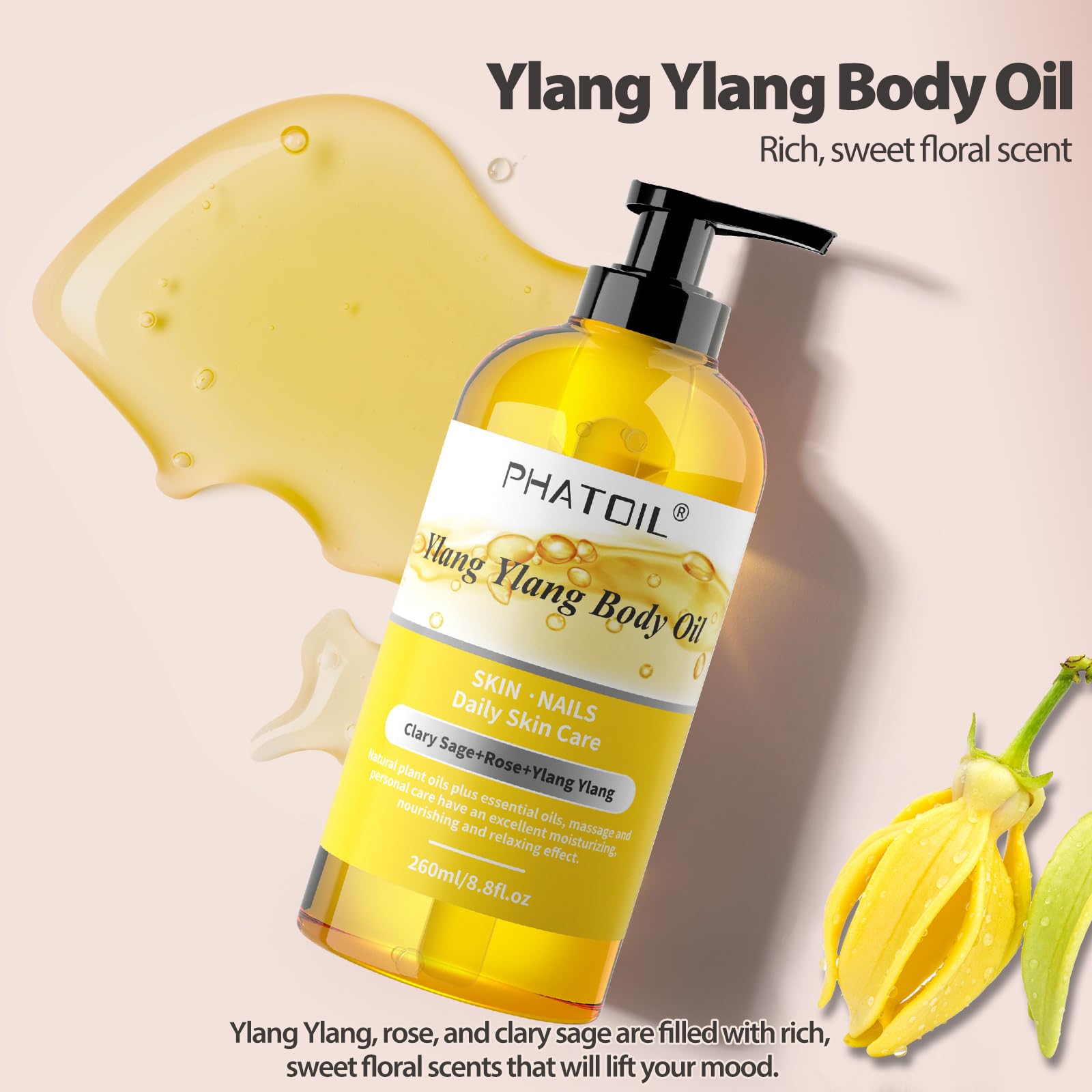 **Premium Sandalwood, Ylang Ylang & Vanilla Body Oil – 260ml Large Bottle for Deep Moisturizing & Relaxation – Perfect for Massage, Aromatherapy & Daily Skincare**