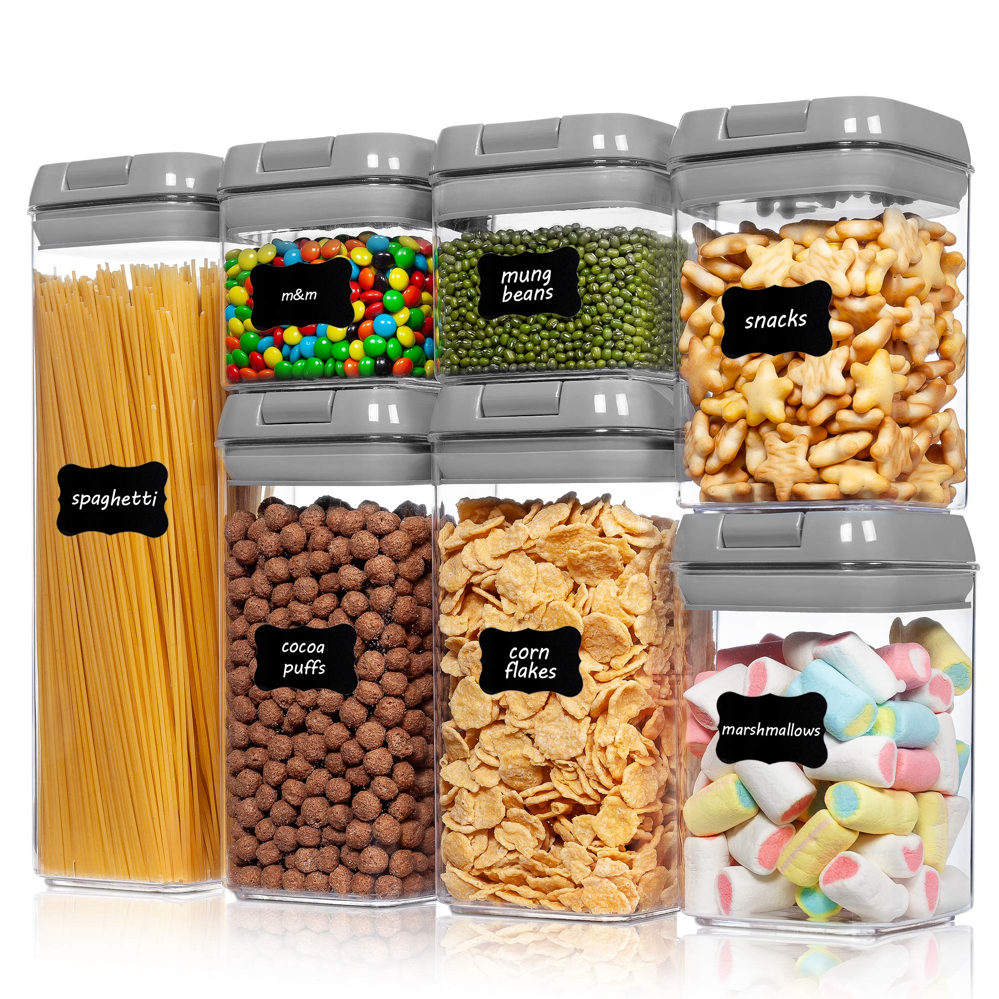 Vtopmart 7-Piece Airtight Food Storage Container Set - BPA Free Plastic Cereal Keepers with Secure Locking Lids for Kitchen Pantry Organization | Includes 24 Labels (Gray) | Perfect for Storing Dry Goods, Snacks, Flour & Baking Ingredients