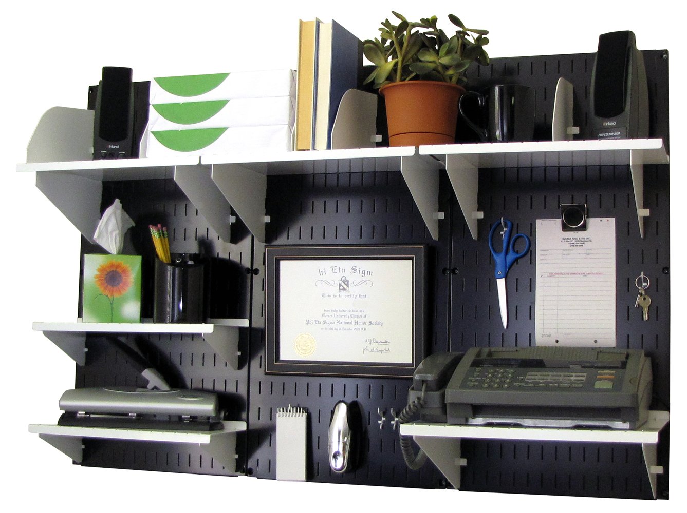 Wall Control Office Organizer - Wall Mounted Desk Storage System with Black Wallboard & White Accessories | Perfect for Home Office, Garage Workshop & Classroom Organization