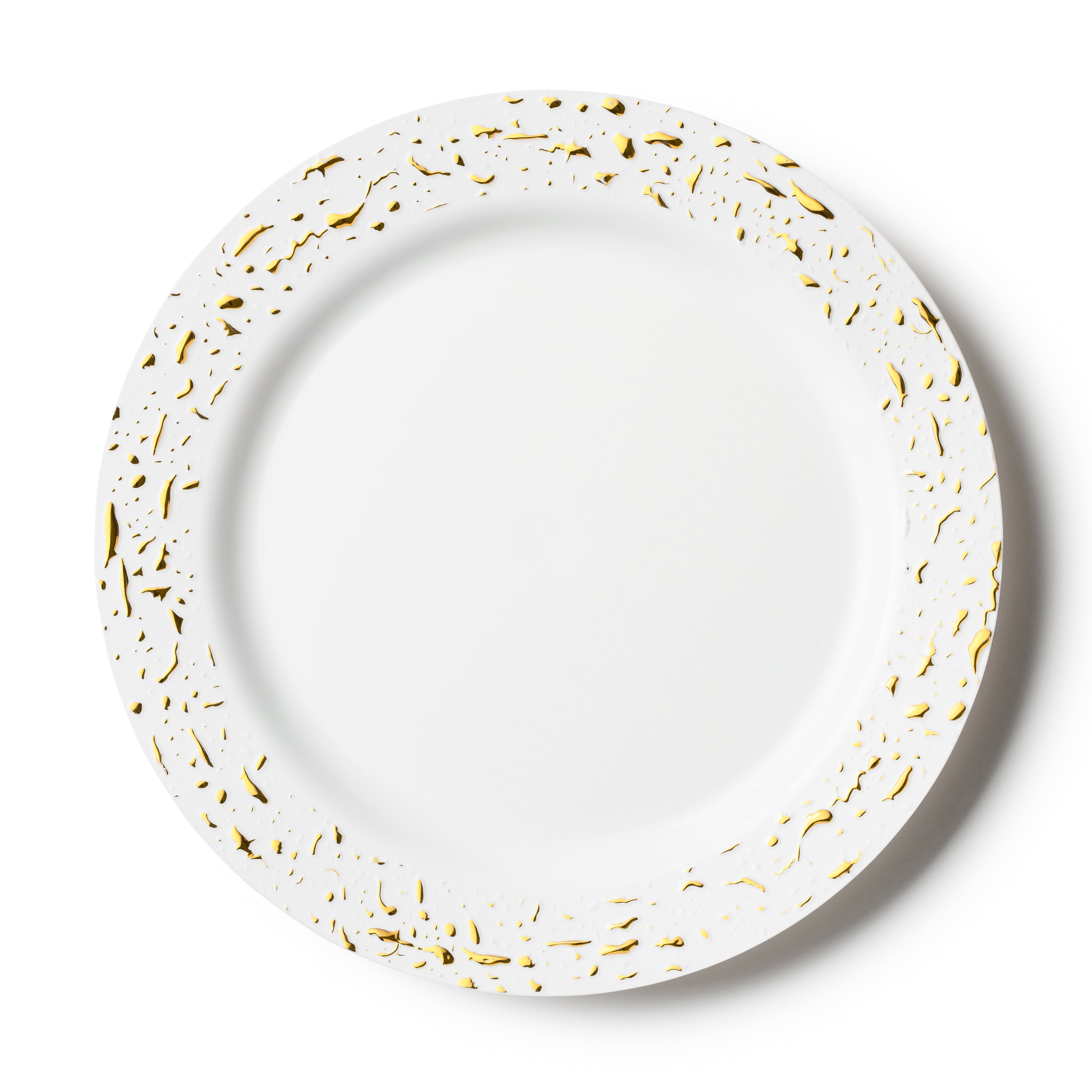 32-Pack White and Gold Round Plastic Dinnerware Set for 16 Guests - Elegant Pebbled Design - Perfect for Weddings, Parties, and Outdoor Events
