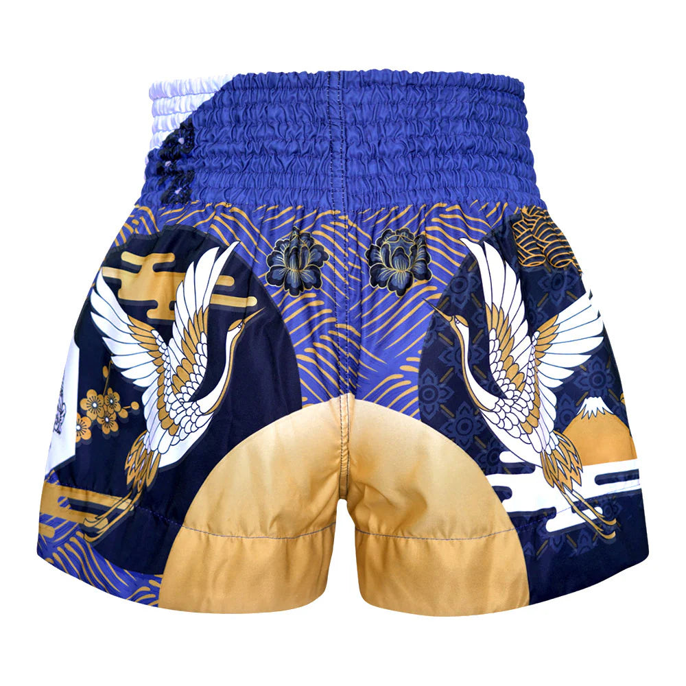 Premium Tuff Muay Thai Shorts - Majestic Crane Blue/White/Gold Design for MMA, Kickboxing & Training - Durable & Comfortable Fightwear for Men & Women