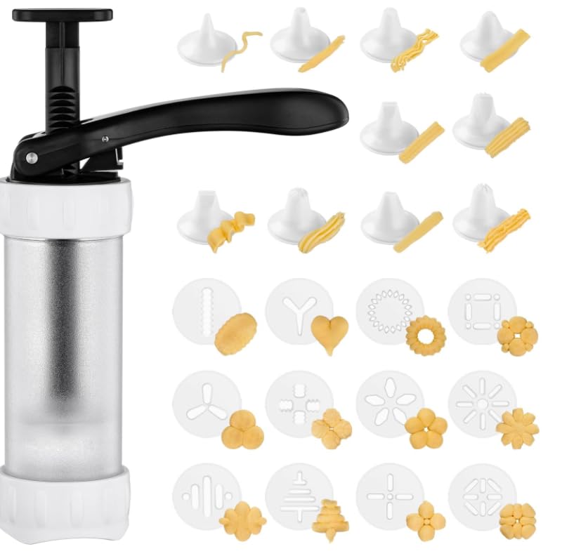 Premium Cookie Press Set with 12 Discs & 10 Cake Decorating Tips - Stainless Steel Churro & Biscuit Maker (White) - Perfect for Holiday Baking, Party Treats & DIY Dessert Decorating