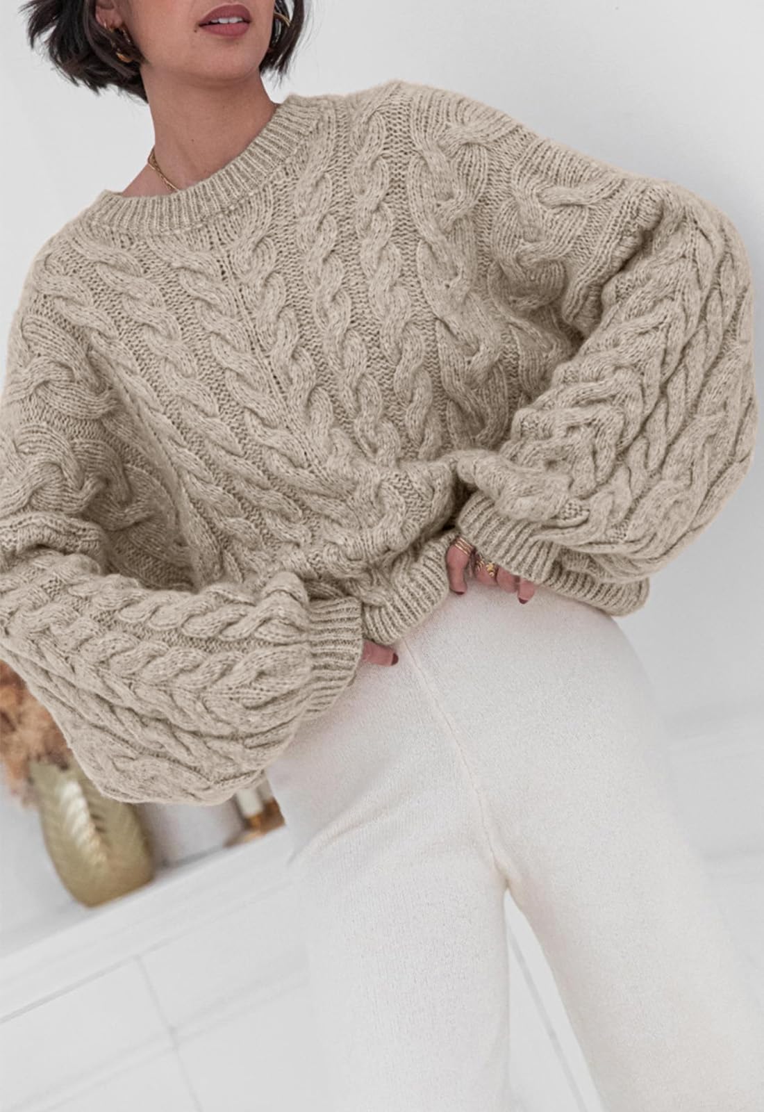 PRETTYGARDEN Women's Chunky Cable Knit Oversized Sweater - Long Sleeve Crewneck Pullover for Spring 2025 | Cozy Loose Fit Casual Outfits for Work, Dates & Weekend Wear