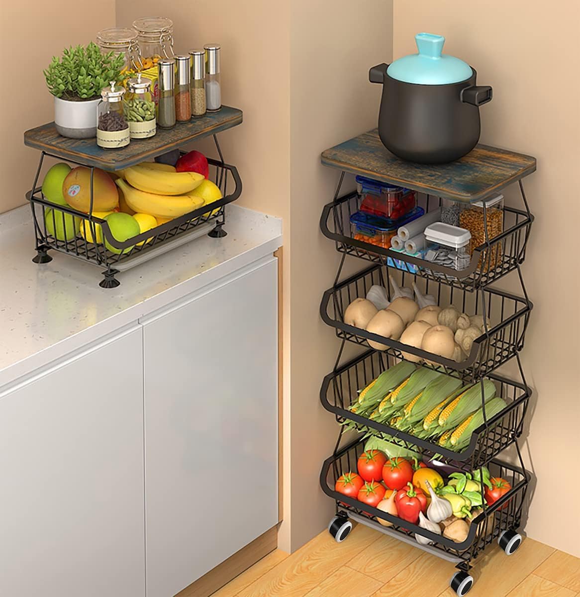 5-Tier Stackable Metal Storage Basket Stand with Wood Top & Wheels - Organizer for Kitchen Pantry, Bathroom, Garage - Perfect for Fruits, Vegetables, Toys & Home Organization