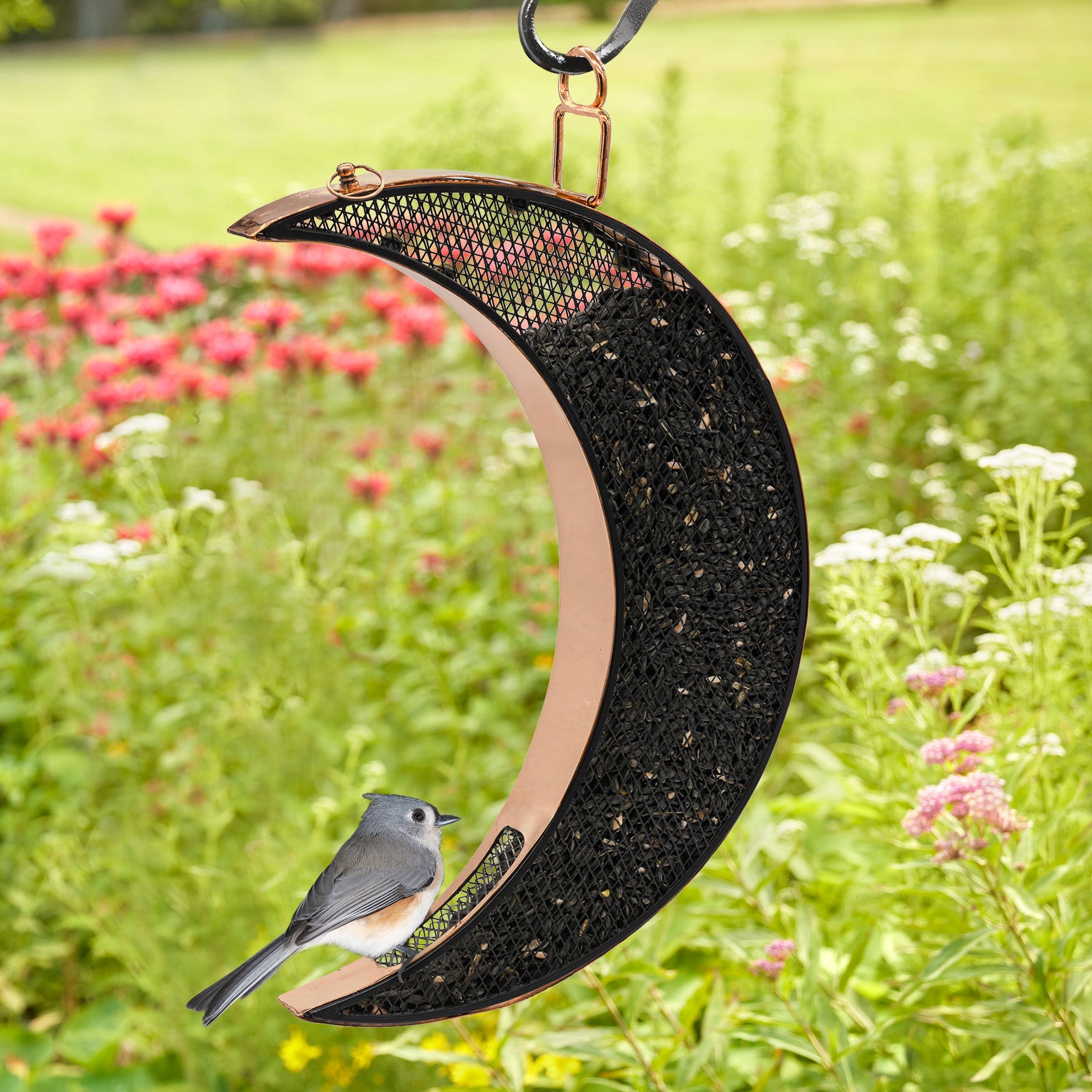 Over The Moon Copper Bird Feeder with Mesh Panels - Durable Outdoor Garden Decor for Attracting Wild Birds - Perfect for Backyard, Patio, and Nature Lovers