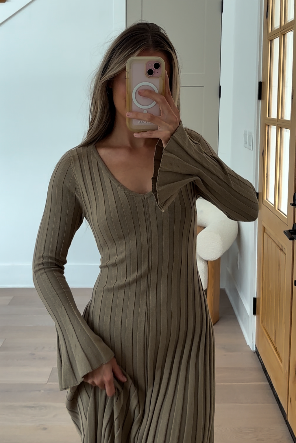 Hadley Long Sleeve V Neck Knit Maxi Dress for Women - Elegant Dune Color, Flowy Boho Style, Comfortable Stretchy Fabric | Perfect for Fall, Winter, Date Night, Office Wear and Special Occasions