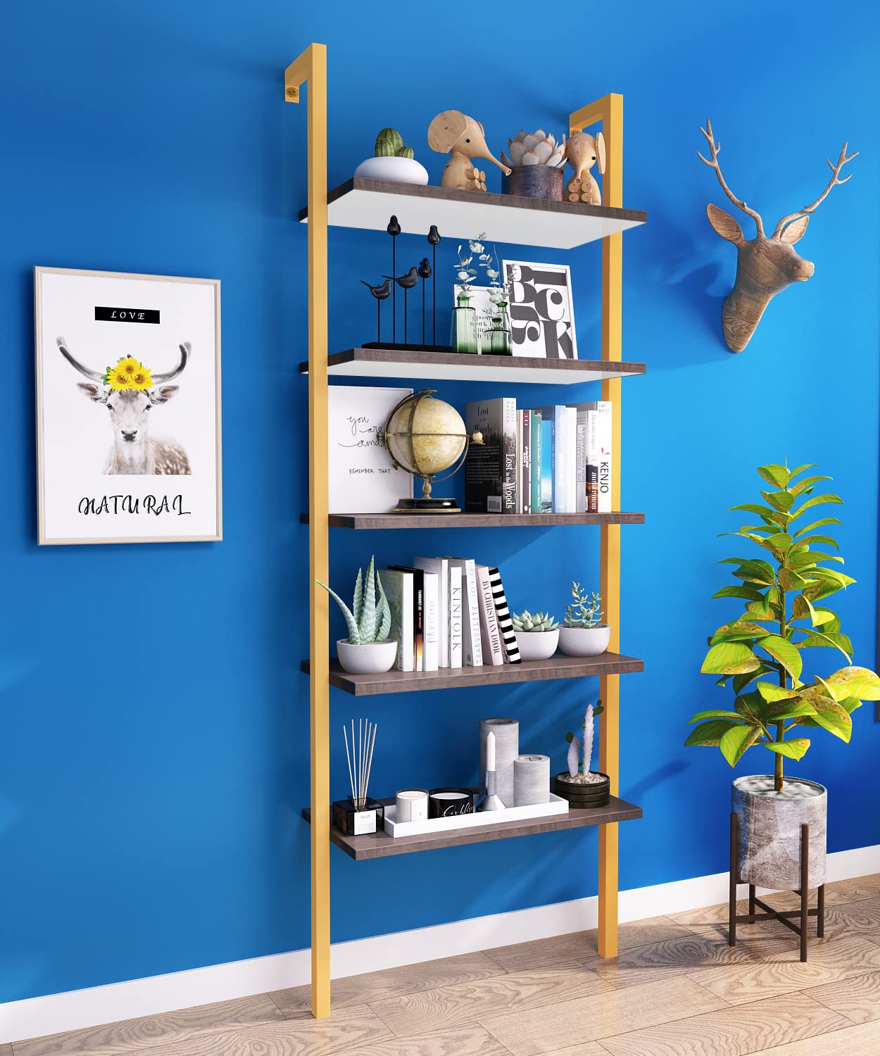 Industrial Ladder Bookshelf - 5-Tier Wall Mounted Bookcase with Metal Frame, Open Display Storage Shelf for Living Room, Bedroom, Office & Balcony | Space-Saving Leaning Ladder Design for Home Decor & Book Organization