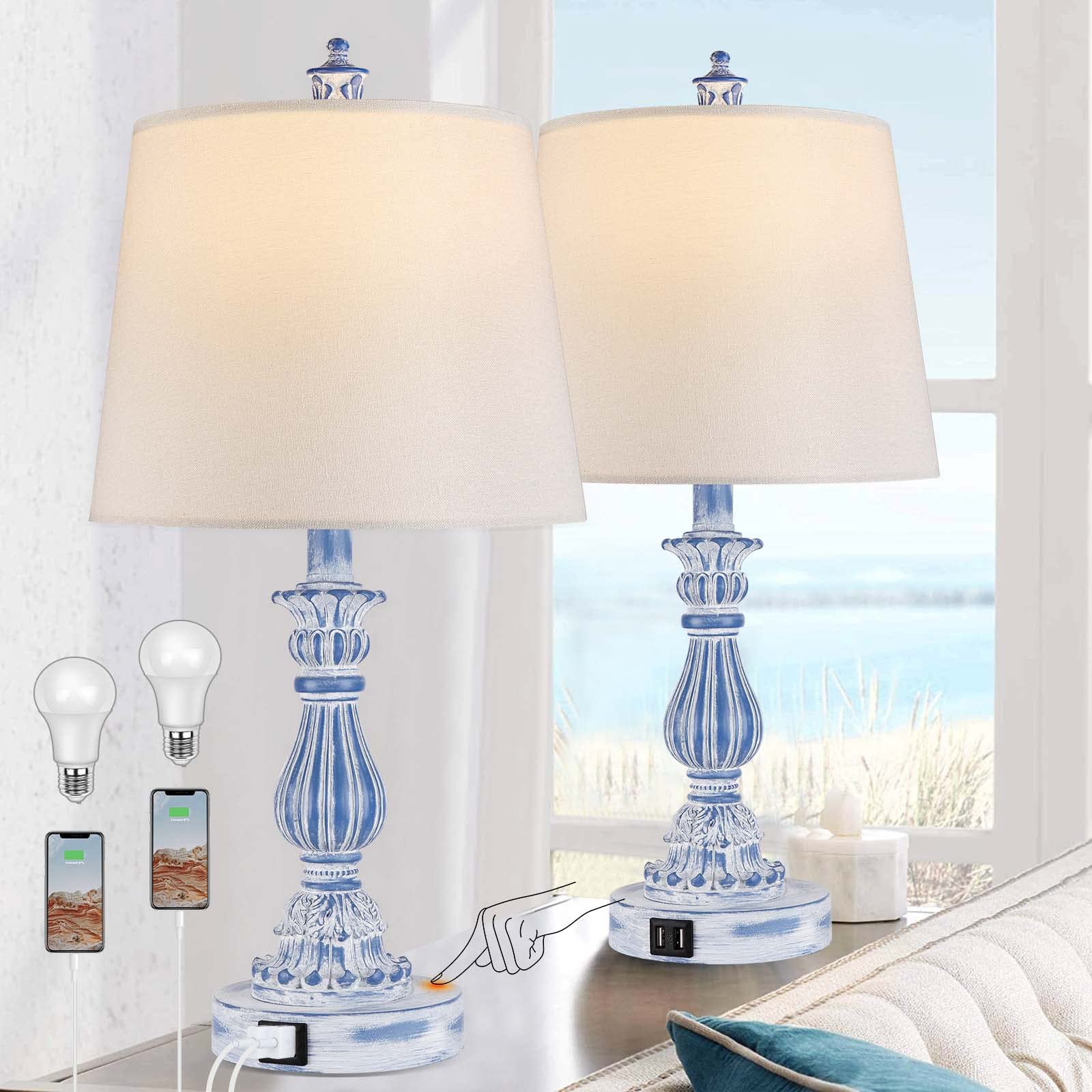 Coastal 3-Way Dimmable Touch Table Lamp Set of 2 - Farmhouse USB Bedside Lamps with 2 Charging Ports & Included Bulbs, Blue Washed Finish for Bedroom, Living Room & Nightstand - Perfect for Reading, Relaxing & Charging Devices