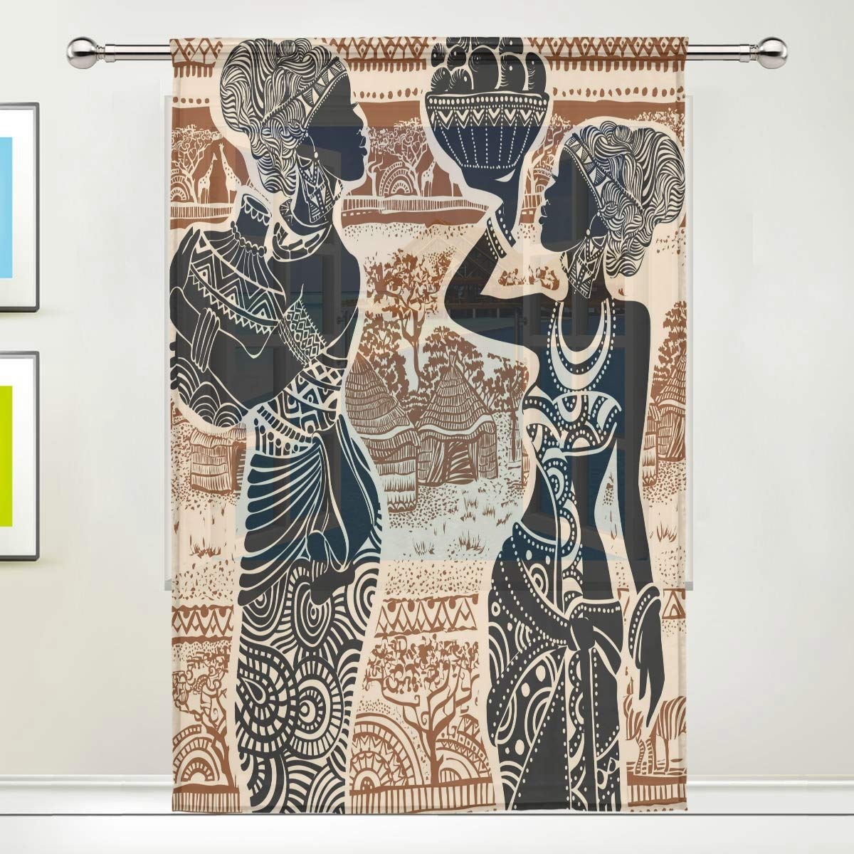 AUUXVA Sheer Curtains - African Women Totem Design Voile Drapes for Bathroom, Kitchen, Living Room & Bedroom - 55x84 Inches Light Filtering Window Treatment - Perfect for Boho Home Decor & Cultural Themed Spaces