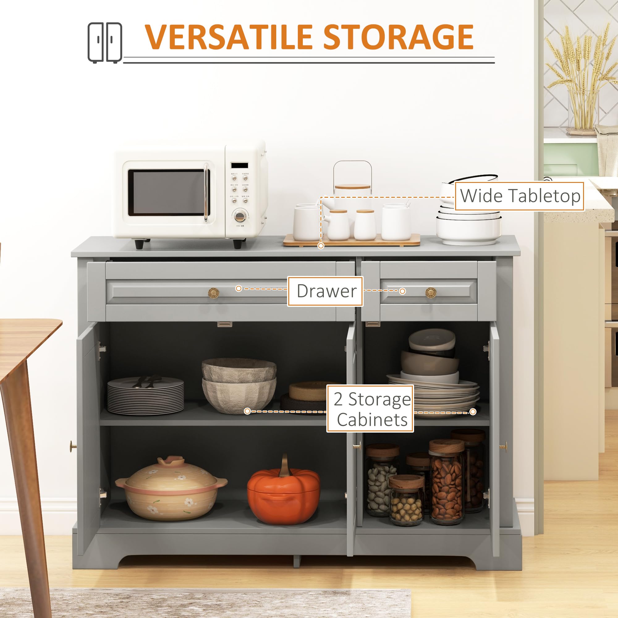 HOMCOM Modern Sideboard Buffet Cabinet - 2 Drawers & Adjustable Shelves Kitchen Storage, Coffee Bar Cabinet in Gray - Perfect for Dining Room, Living Room & Kitchen Organization