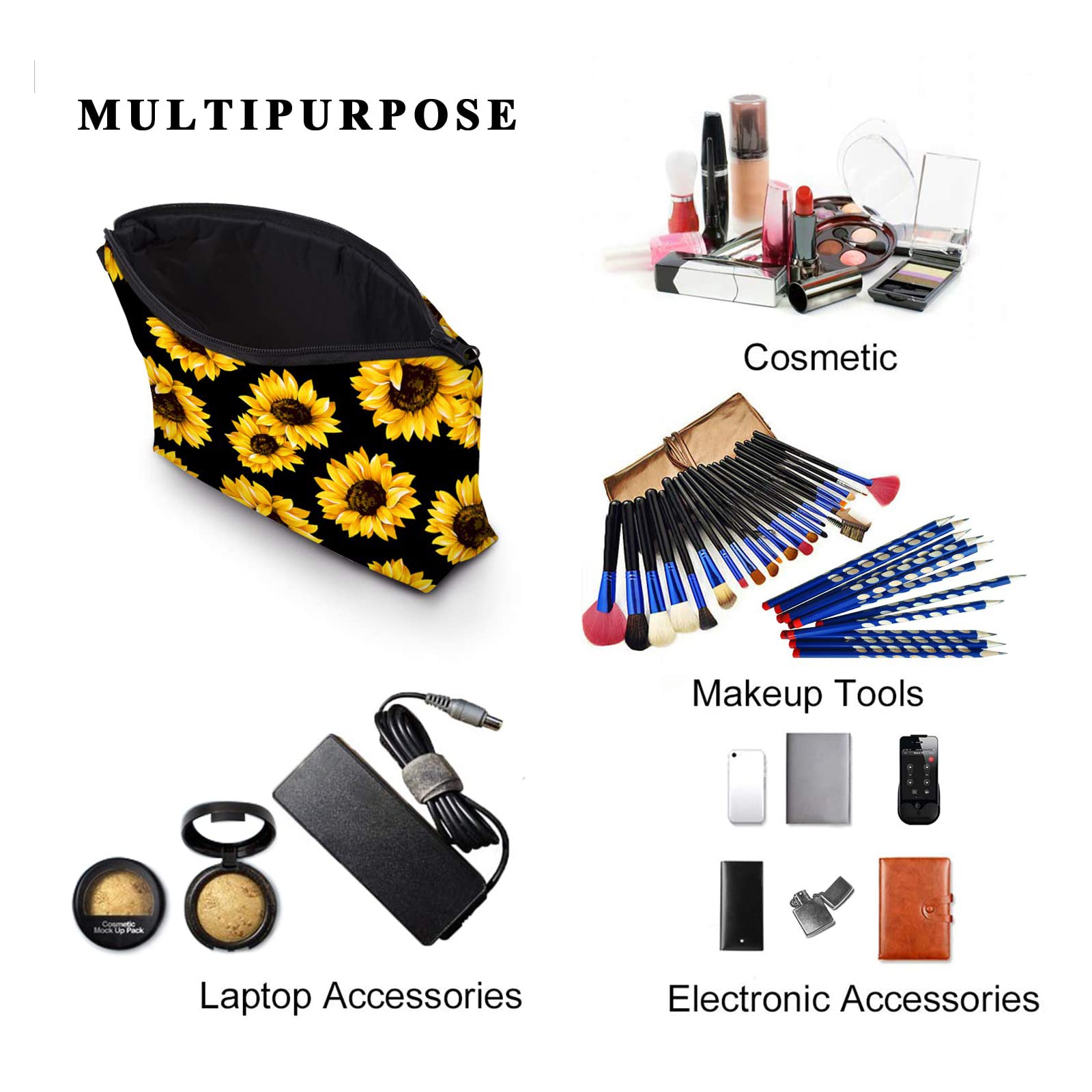 2 Pack Waterproof Sunflower Cosmetic Bags for Women - Travel Makeup Organizer Pouch, Toiletry Bag for Purse, Gym & Vacation - Cute Girls' Makeup Storage Case