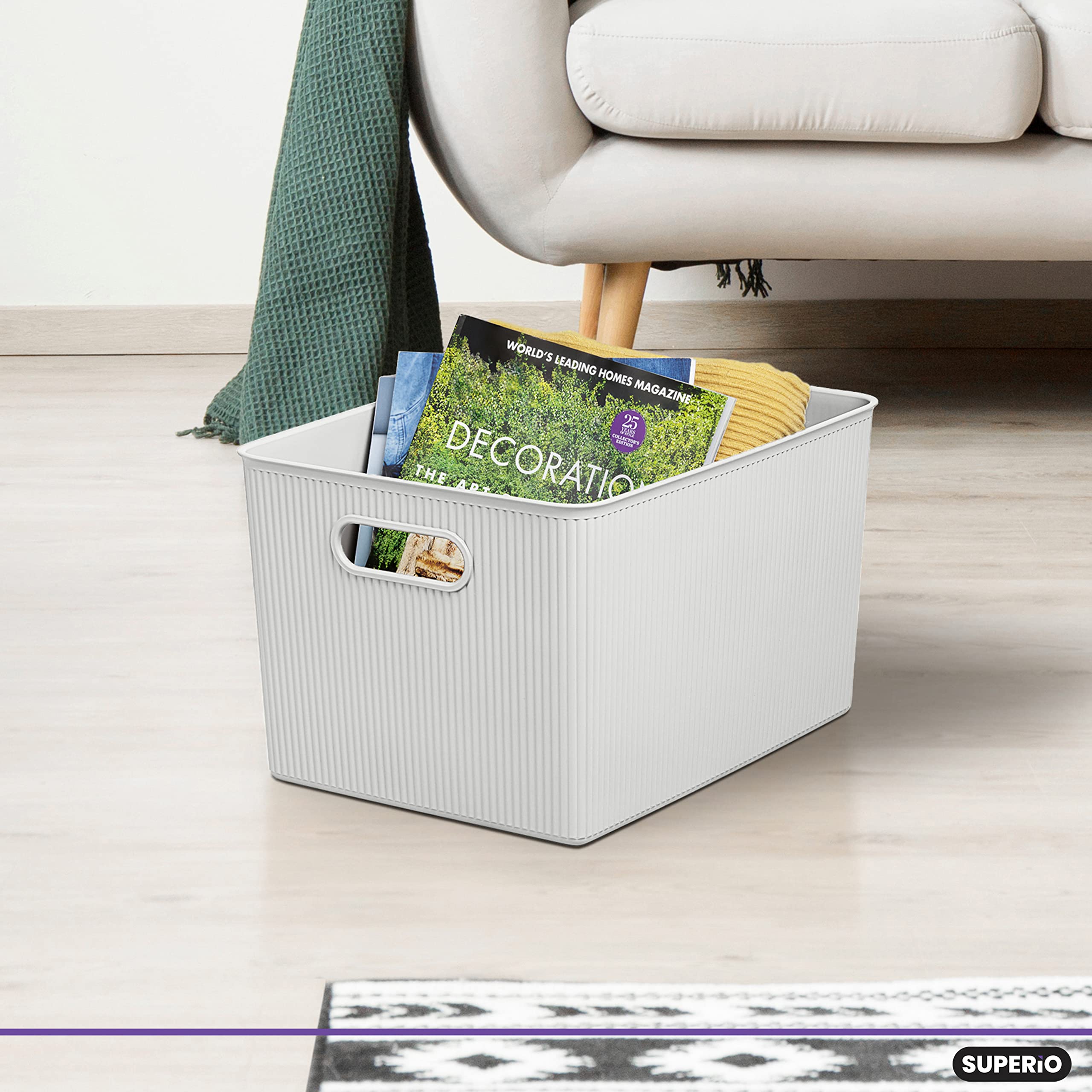 Superio Ribbed Collection - Decorative Plastic Storage Bins & Organizer Baskets (Set of 2, X-Large) - White & Brown Home Organization Boxes for Closet, Shelf, Drawer & Pantry Storage - Perfect for Bedroom, Bathroom & Office Organization