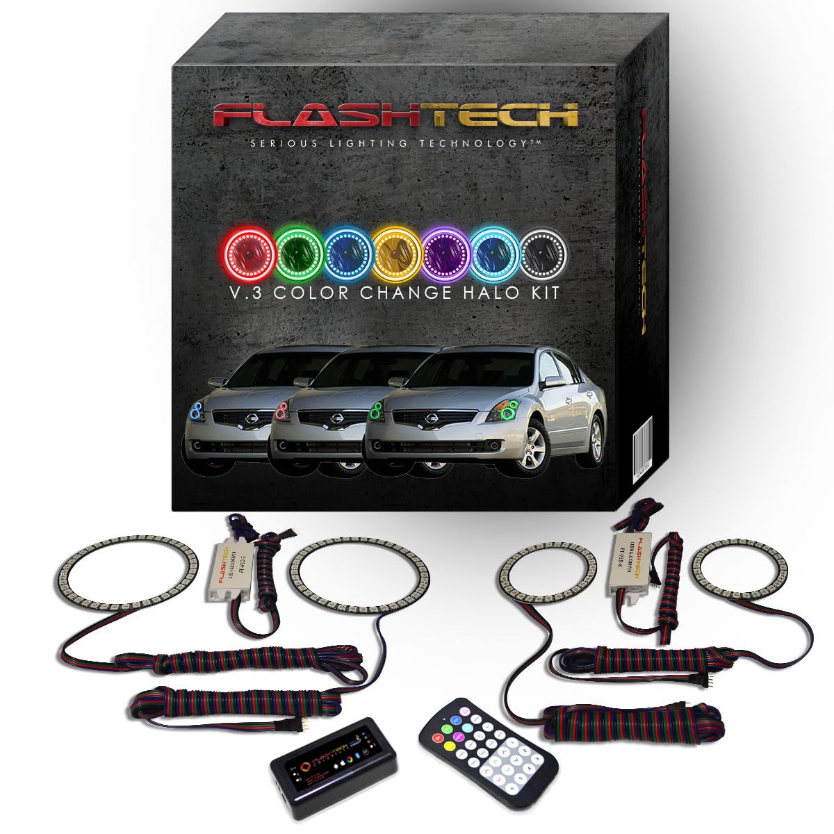 Flashtech LED RGB Multi-Color Halo Ring Headlight Kit with ColorFuse Technology - Bluetooth & RF Remote Control, Smartphone APP Compatible for 2007-2009 Nissan Altima | Custom Car Lighting for Night Driving & Car Shows