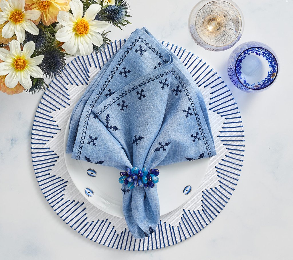 Premium Fez Napkins Set of 4 - Periwinkle & Navy Blue Cotton Dinner Napkins for Formal Dining, Parties & Home Decor