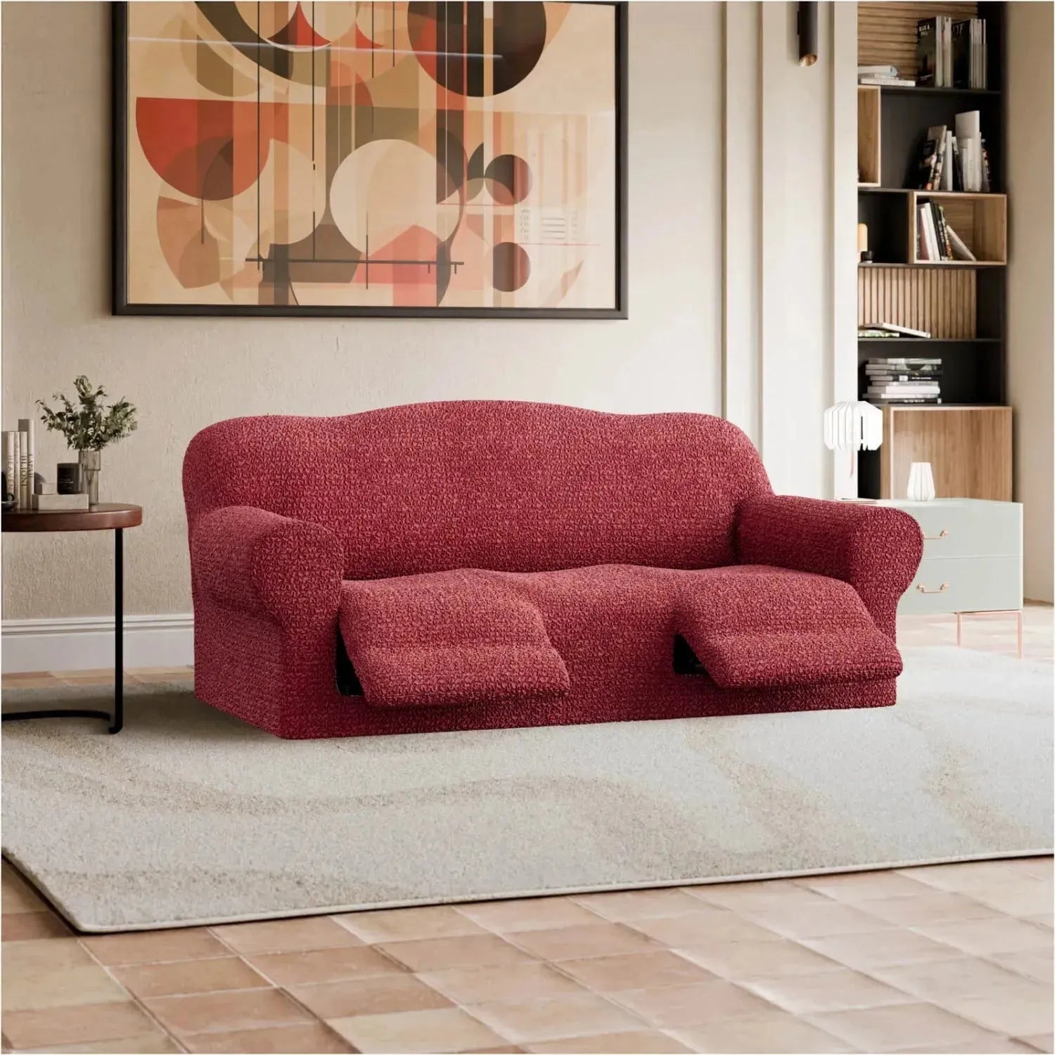 3 Seater Recliner Slipcover - Mille Righe Collection | Stretchable Sofa Cover for Living Room, Family Room & Home Theater | Easy Wash & Anti-Slip Design