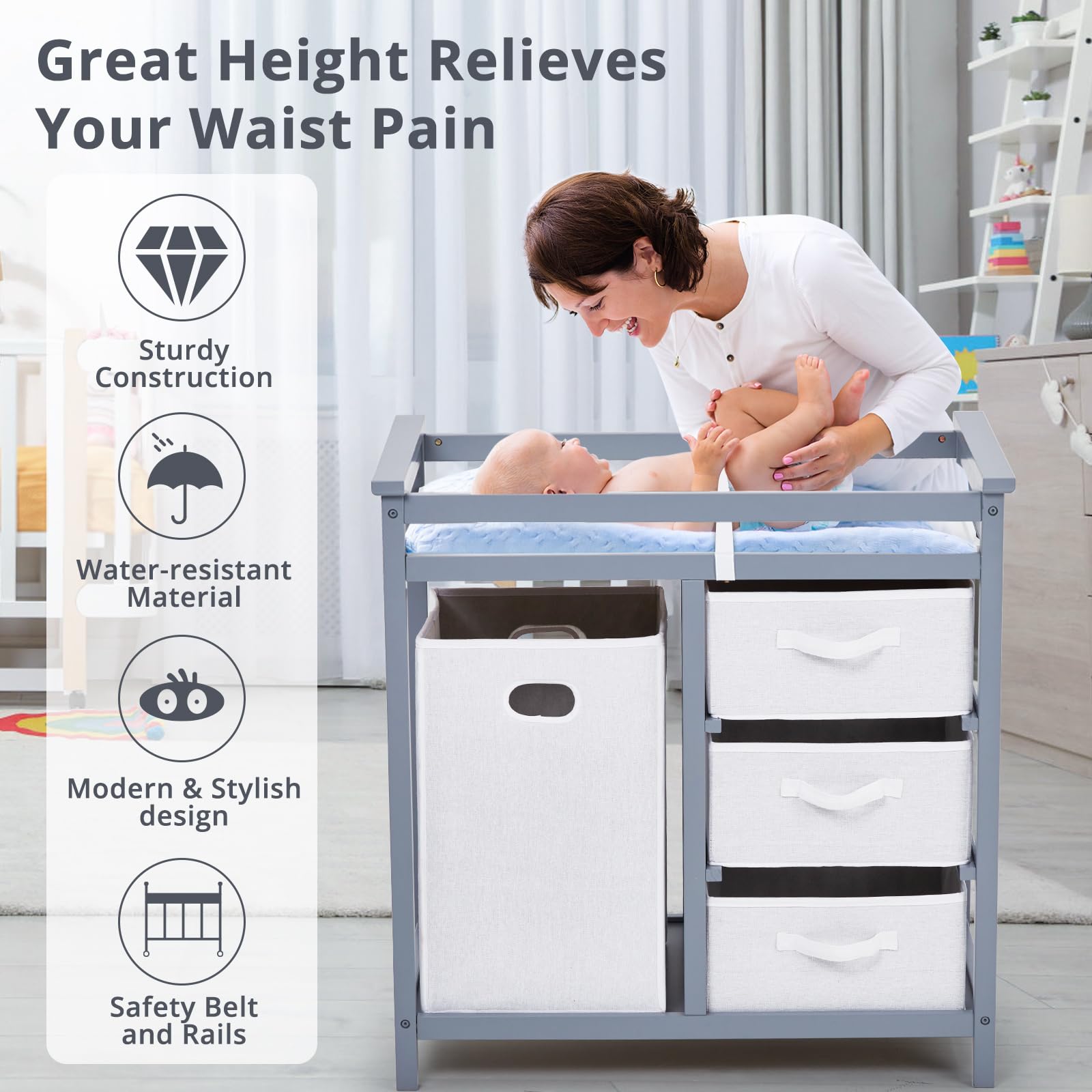 Wooden Baby Changing Table with Drawers & Hamper - Nursery Essentials for Diaper Changes