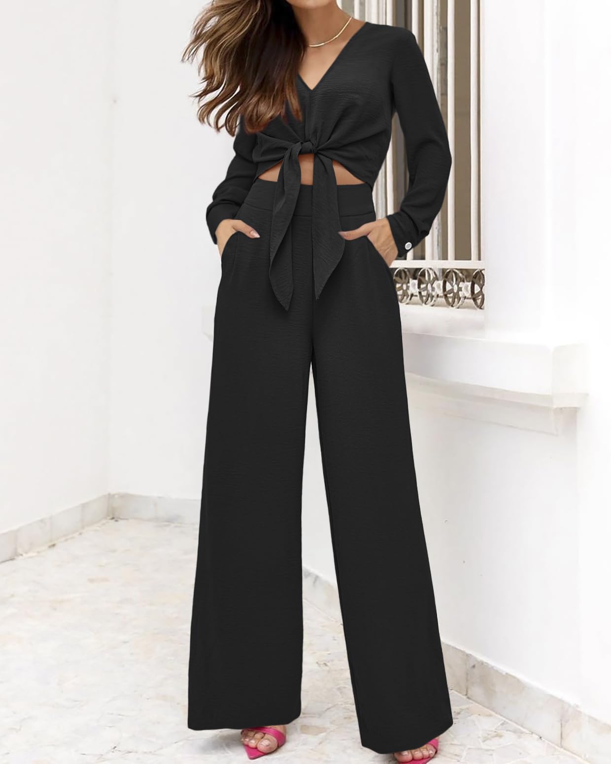 PRETTYGARDEN Women's 2 Piece Outfit Set - 2025 Spring Casual Long Sleeve V-Neck Crop Top & Wide Leg Palazzo Pants | Lounge Wear, Street Style, Office Outfits