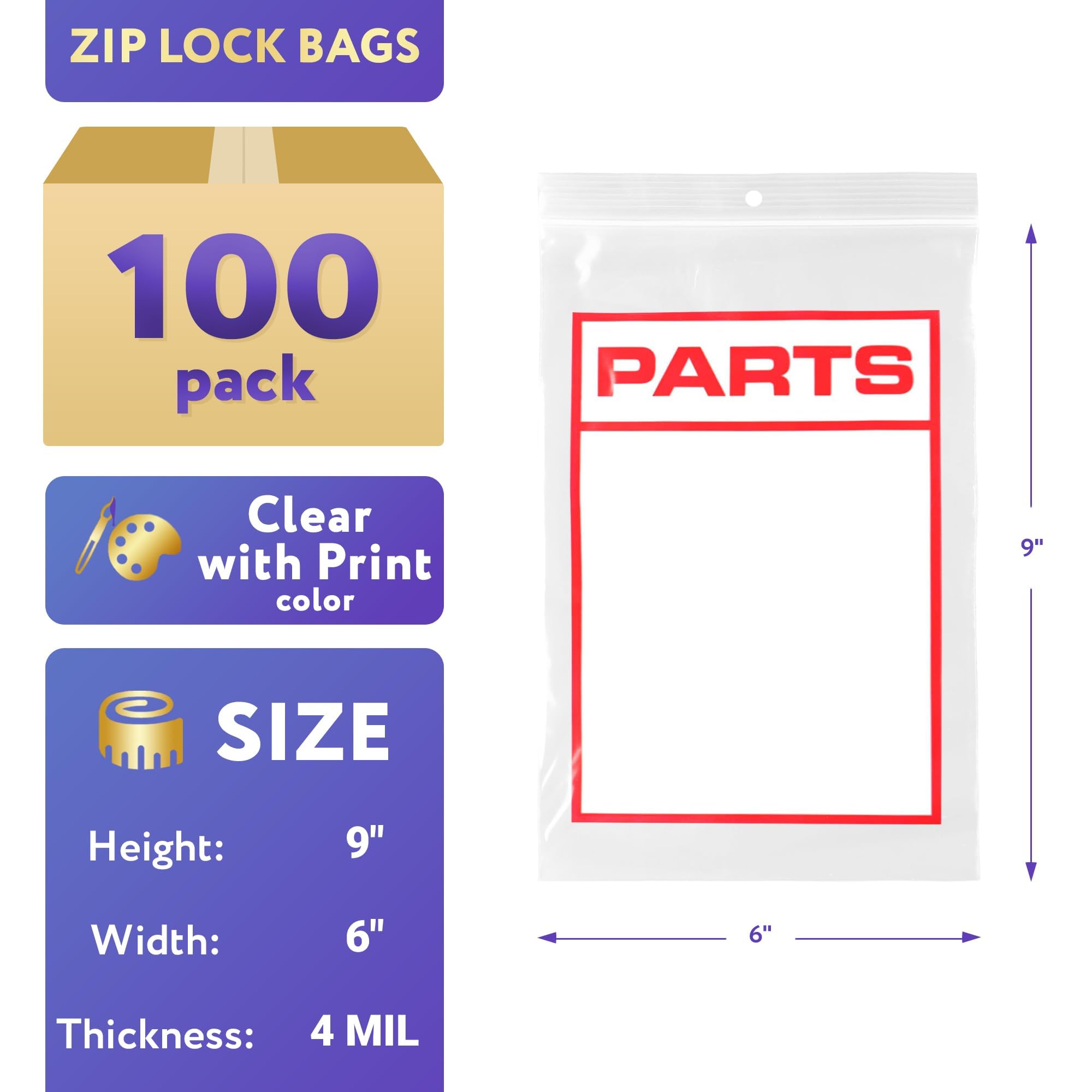 APQ 100 Pack 6x9 Inch Heavy Duty 4 Mil Resealable Zip Lock Bags with Hang Hole - White Printed 'Parts' Storage Poly Bags for Organizing Small Parts, Crafts & Office Supplies