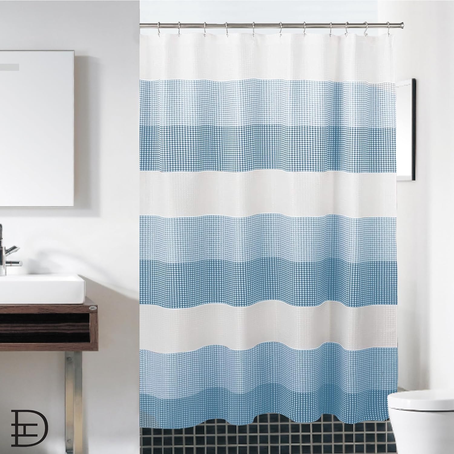 Aqua Blue Ombre Striped Waffle Weave Shower Curtain 70x72 Inch - Water Resistant Polyester Blend Bath Curtain with Rust-Resistant Grommets - Stylish Washable Shower Curtain for Modern Bathrooms, Spa Retreats & Guest Bath Decor
