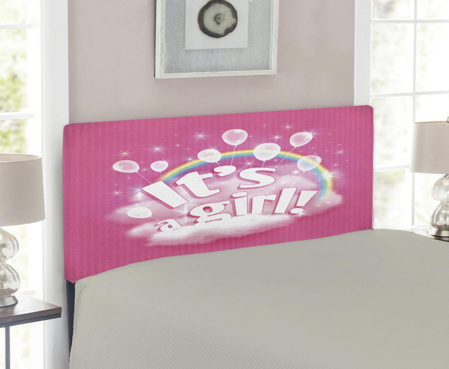 Ambesonne Gender Reveal Headboard - 'It's a Girl' Design with Rainbow Balloons & Clouds, Upholstered Decorative Metal Bed Frame with Memory Foam, Twin Size, Pale Pink - Perfect for Baby Showers, Nursery Decor & Gender Reveal Parties