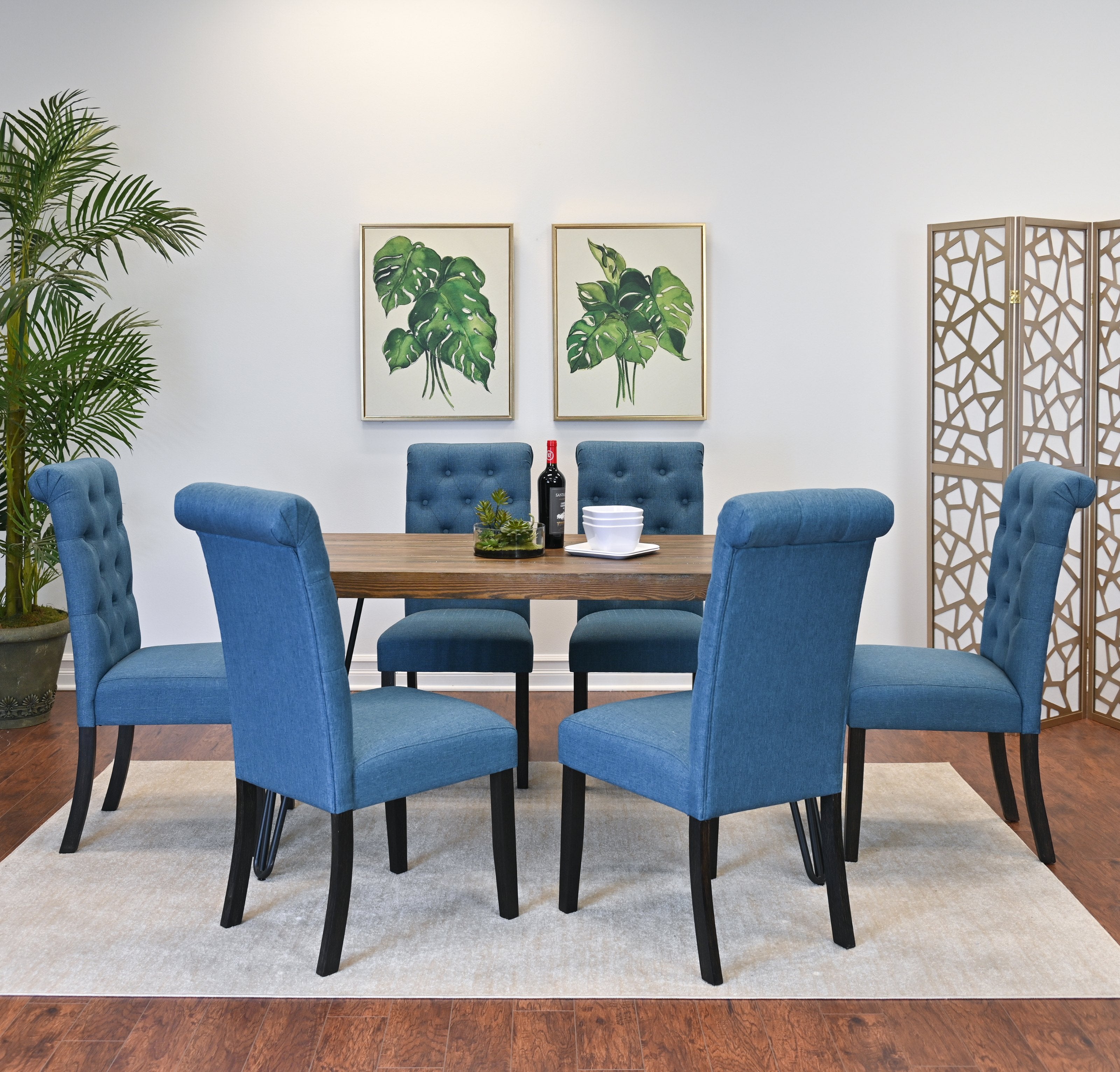 Roundhill Furniture Ashford 7-Piece Dining Set with Hairpin Leg Table & 6 Blue Chairs – Perfect for Modern Kitchens, Dining Rooms & Small Spaces