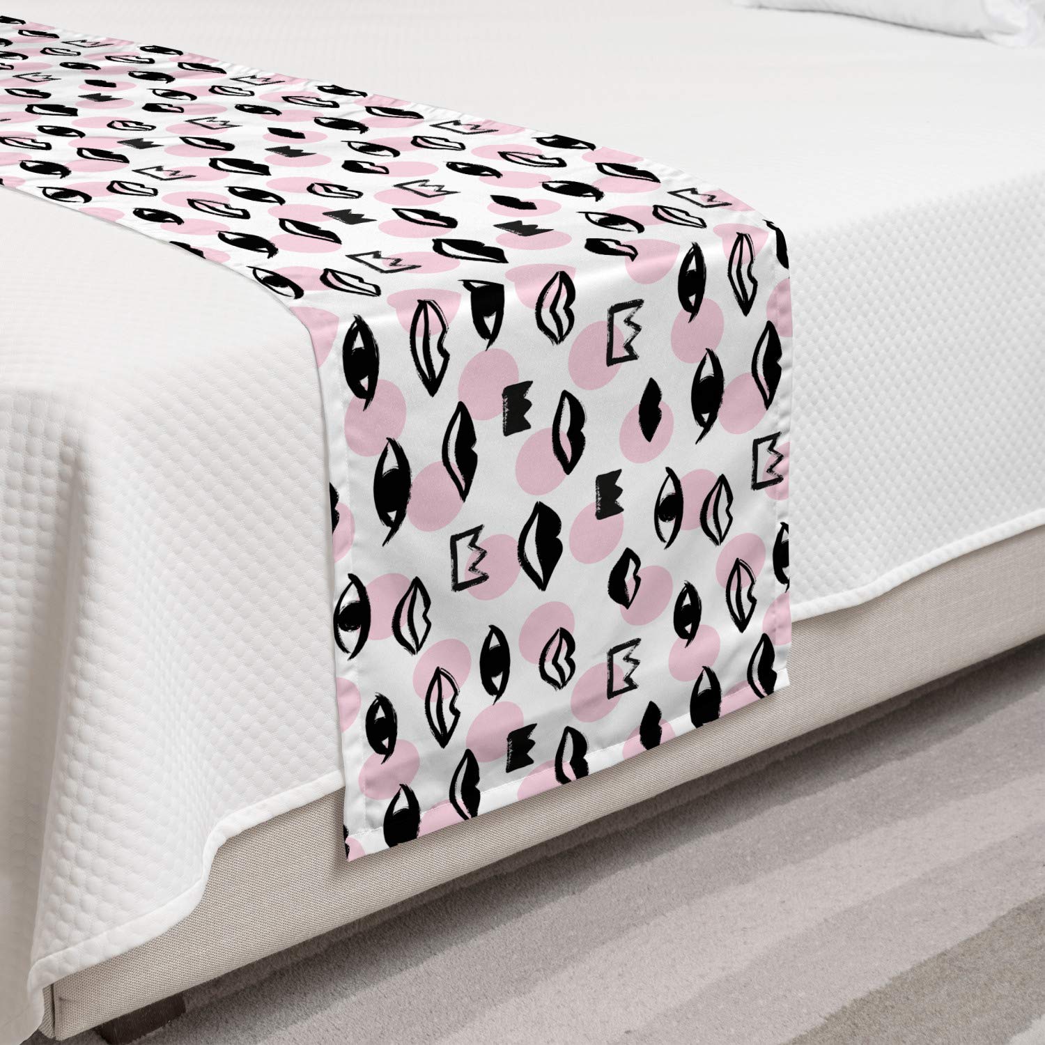 Ambesonne Love Bed Runner - Handmade Brush Drawn Lips, Eyes & Crowns on Polka Dot Design - Decorative Bed Scarf for Twin Beds - Rose Charcoal Grey - Perfect for Hotels, Homes & Guest Rooms - Adds Romantic Elegance to Bedroom Decor