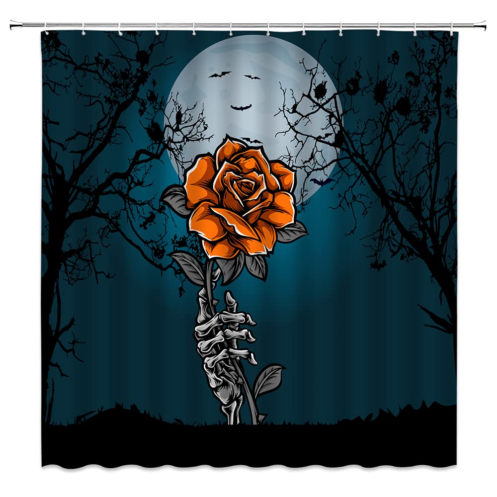 BSTDS Skull Rose Shower Curtain - Gothic Halloween Decor with Dead Tree, Full Moon, Bats & Crows - Day of The Dead Skeleton Hand Design - Waterproof Fabric Bathroom Curtain Set with Hooks - Perfect for Spooky Halloween Bathroom Decor & Gothic Home Decor