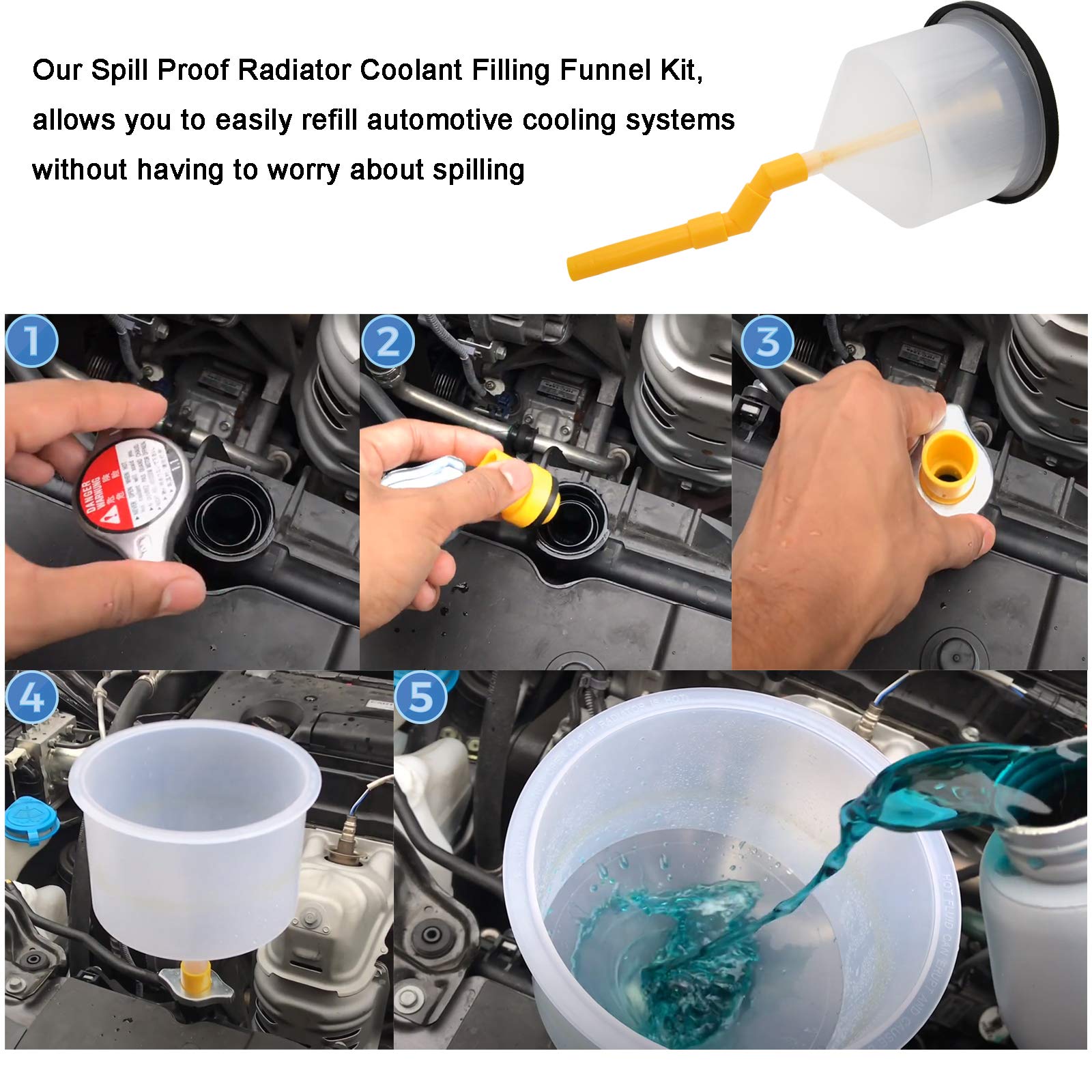 LEIMo Spill Proof Coolant Filling Funnel Kit - No Spill Radiator Funnel for Auto Coolant Flush - Clear Plastic Coolant Refill Tool for Car, Truck & Motorcycle Maintenance