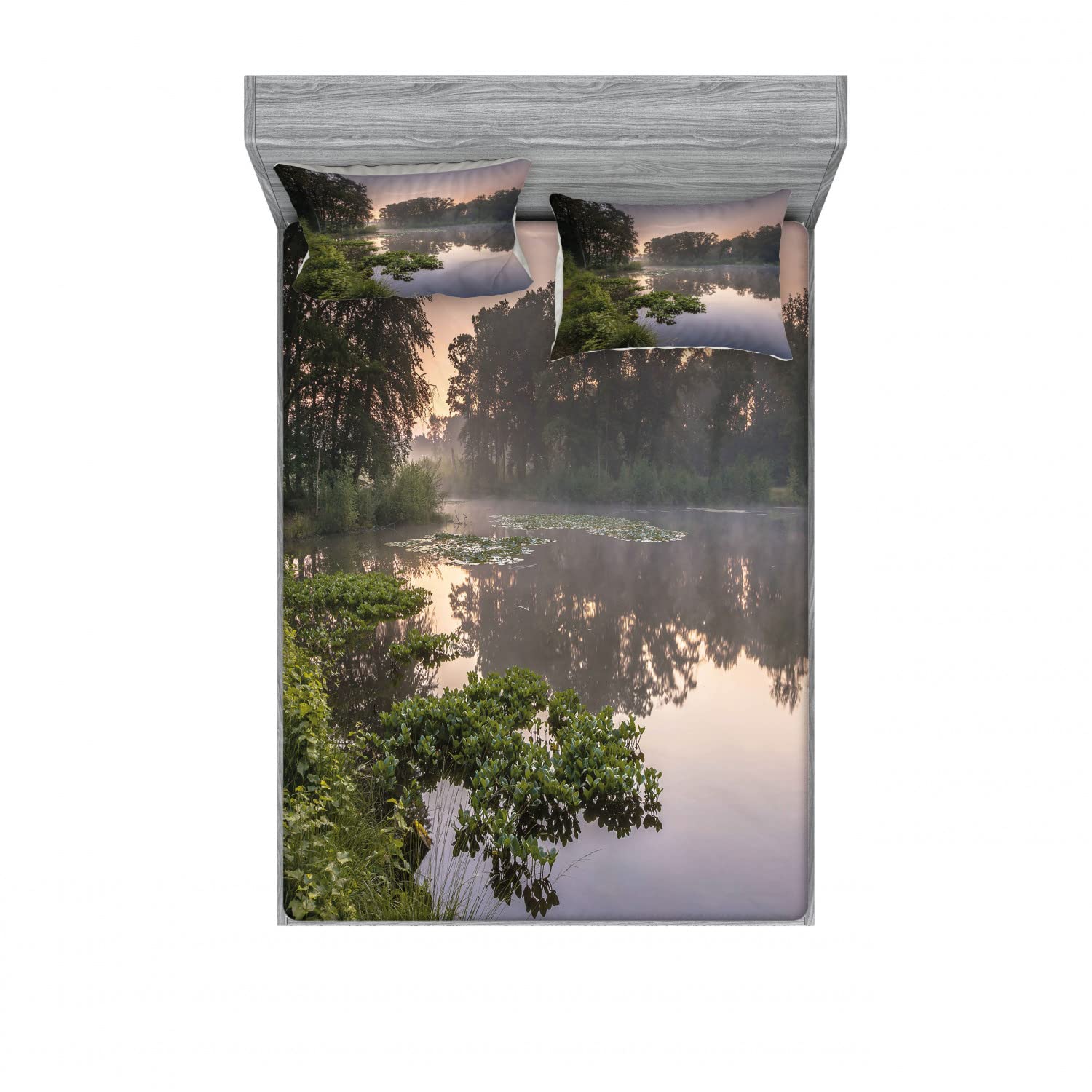 Ambesonne 2-Pack Queen Size Fitted Sheet & Pillow Sham Set - Forest Lake Nature Design, 4-Piece Bedding Set (2 Fitted Sheets + 4 Pillow Covers) in Green & Purple-Grey - Perfect for Master Bedroom, Guest Room & Vacation Home Decor