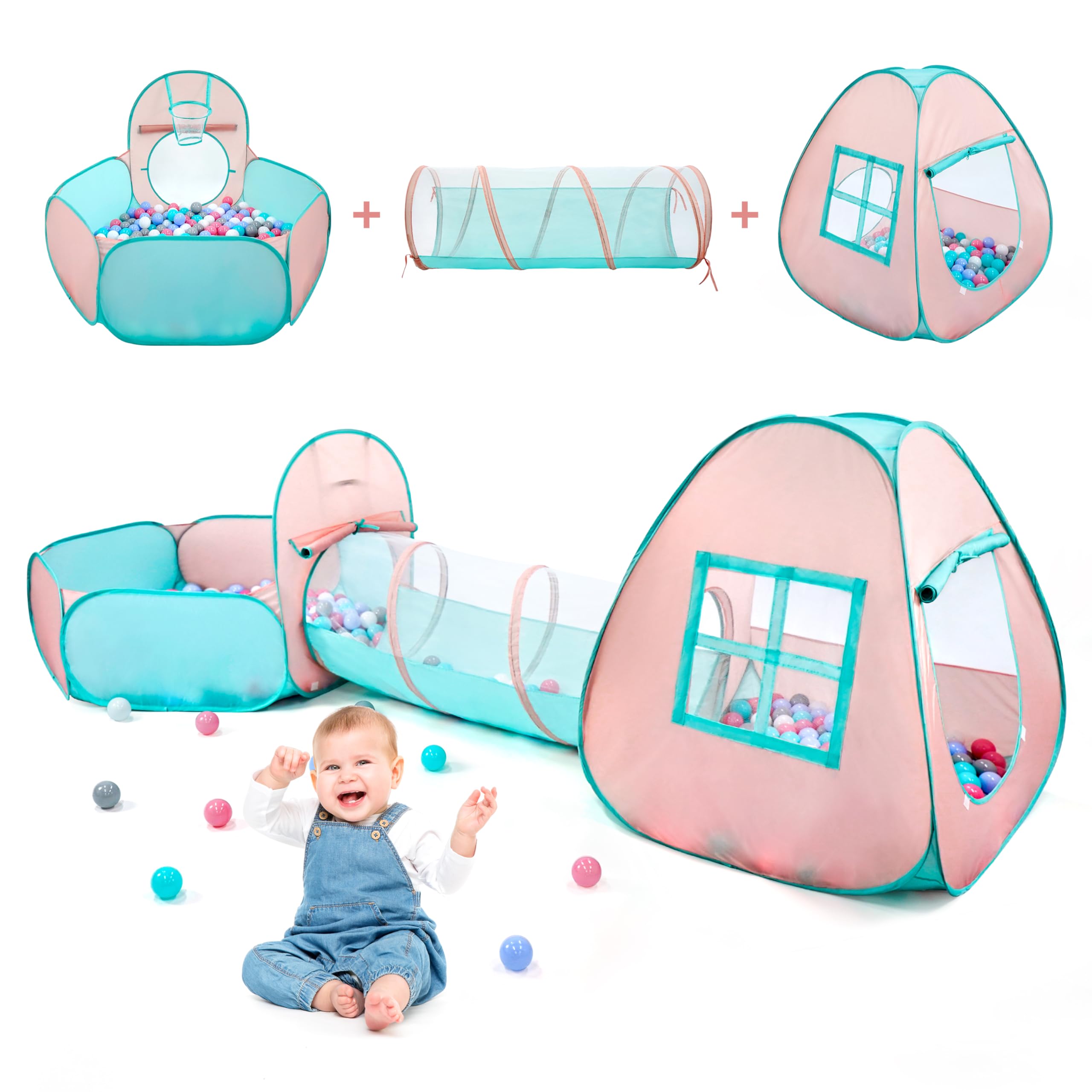 3 in 1 Pop Up Kids Play Tent with Tunnel and Ball Pit - Indoor/Outdoor Playhouse for Toddlers, Boys & Girls (Orange Pink/Light Green) - Perfect for Birthday Gifts, Playrooms & Backyard Fun