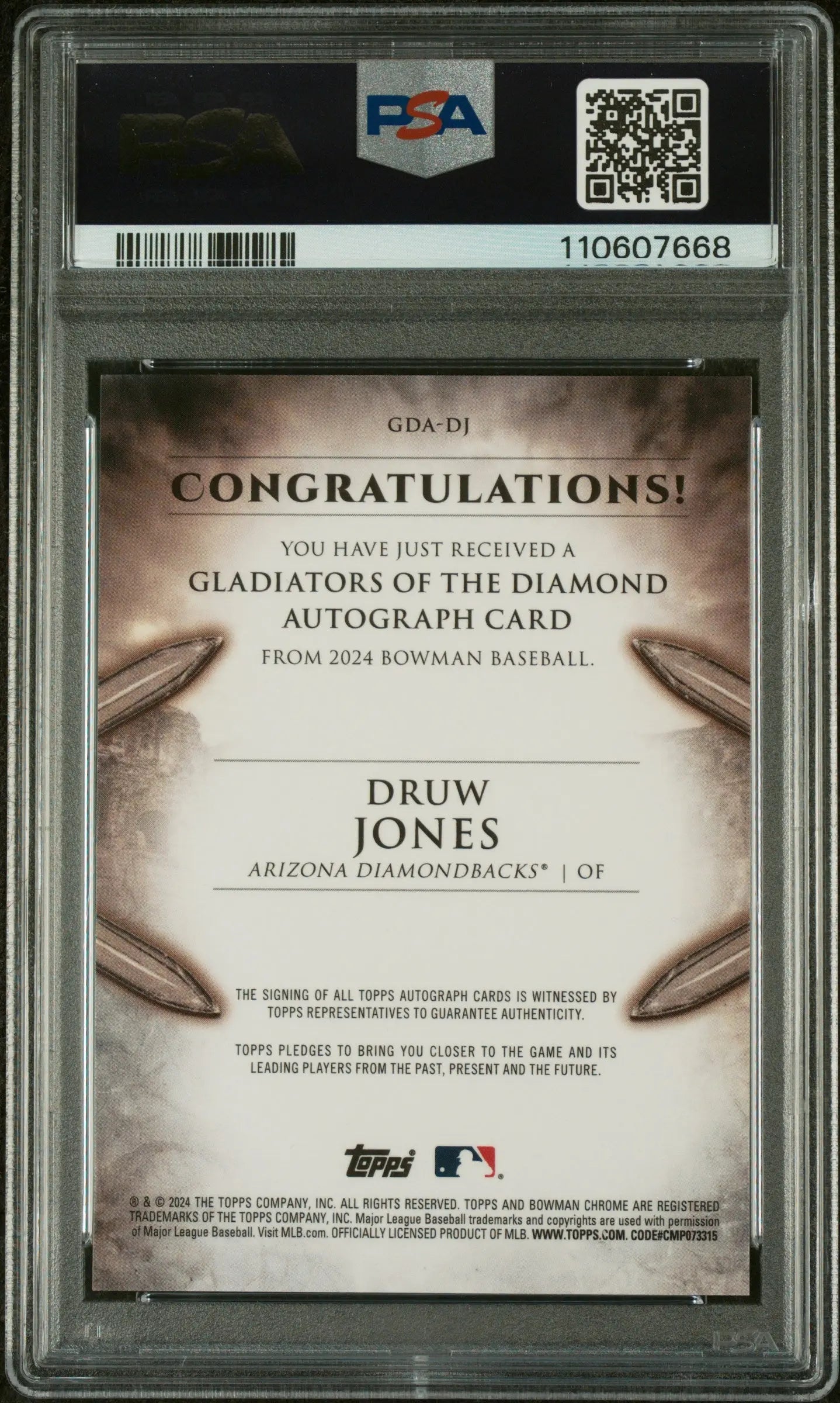 2024 Bowman Gladiators of the Diamond Autographs Druw Jones Orange PSA 9/25 - Rare Baseball Trading Card for Collectors & Investors - Perfect for Sports Memorabilia Displays & Card Showcases
