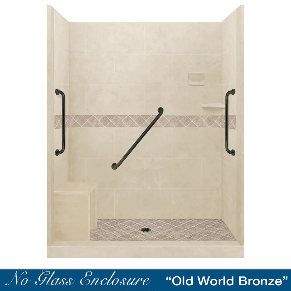 Freedom 60 Alcove Shower Kit - DIY Shower Remodel with Desert Sand Sistine Stone & Diamond Stone Accent | Includes Free Shampoo Niche | Easy Bathroom Upgrade for Home Renovation Projects