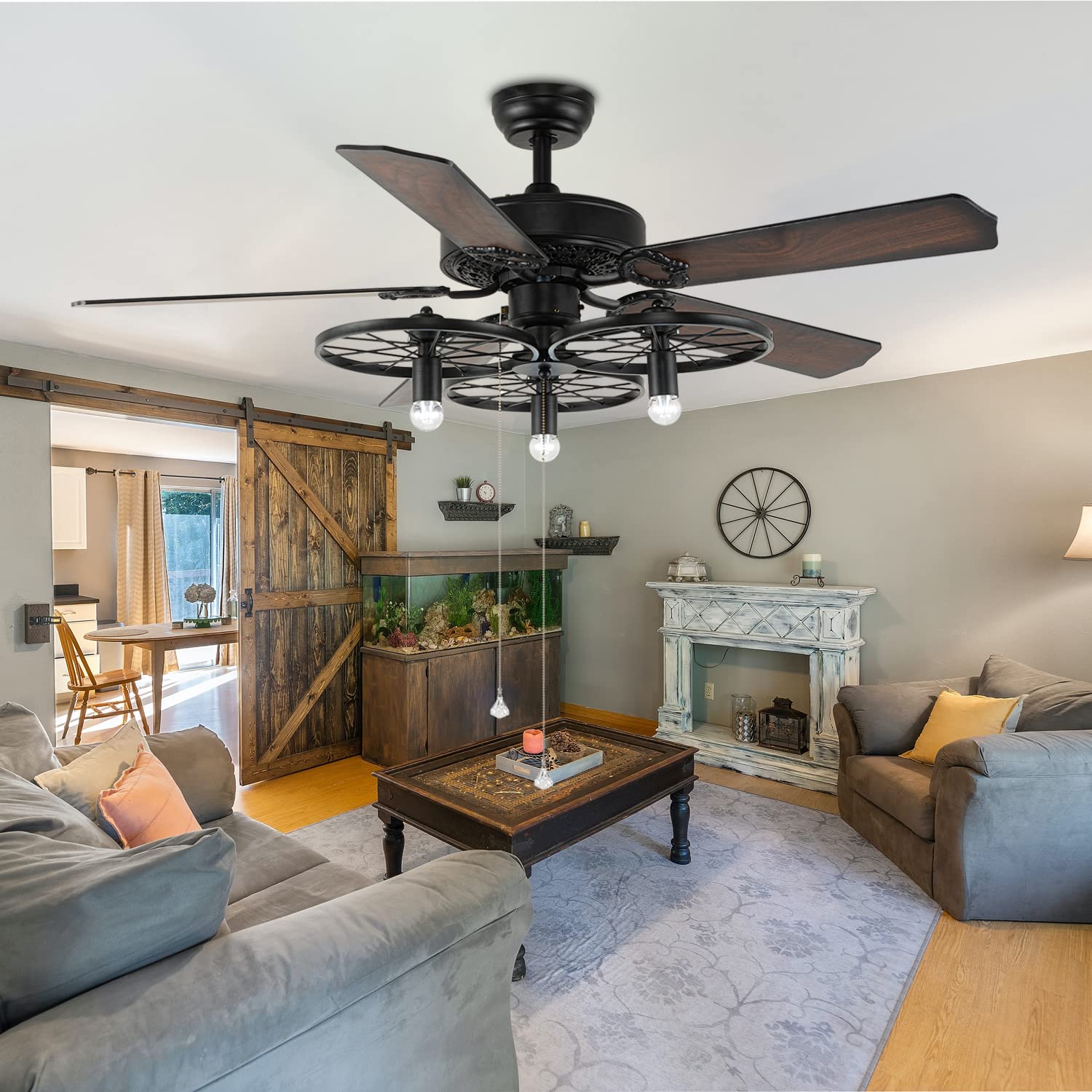 Rustic Industrial Ceiling Fan with Light & Remote Control - 5 Brown Wooden Blades, Retro Wheel Design - Pull Chain for Kitchen, Living Room, Bedroom - Perfect for Farmhouse, Loft & Vintage Home Decor