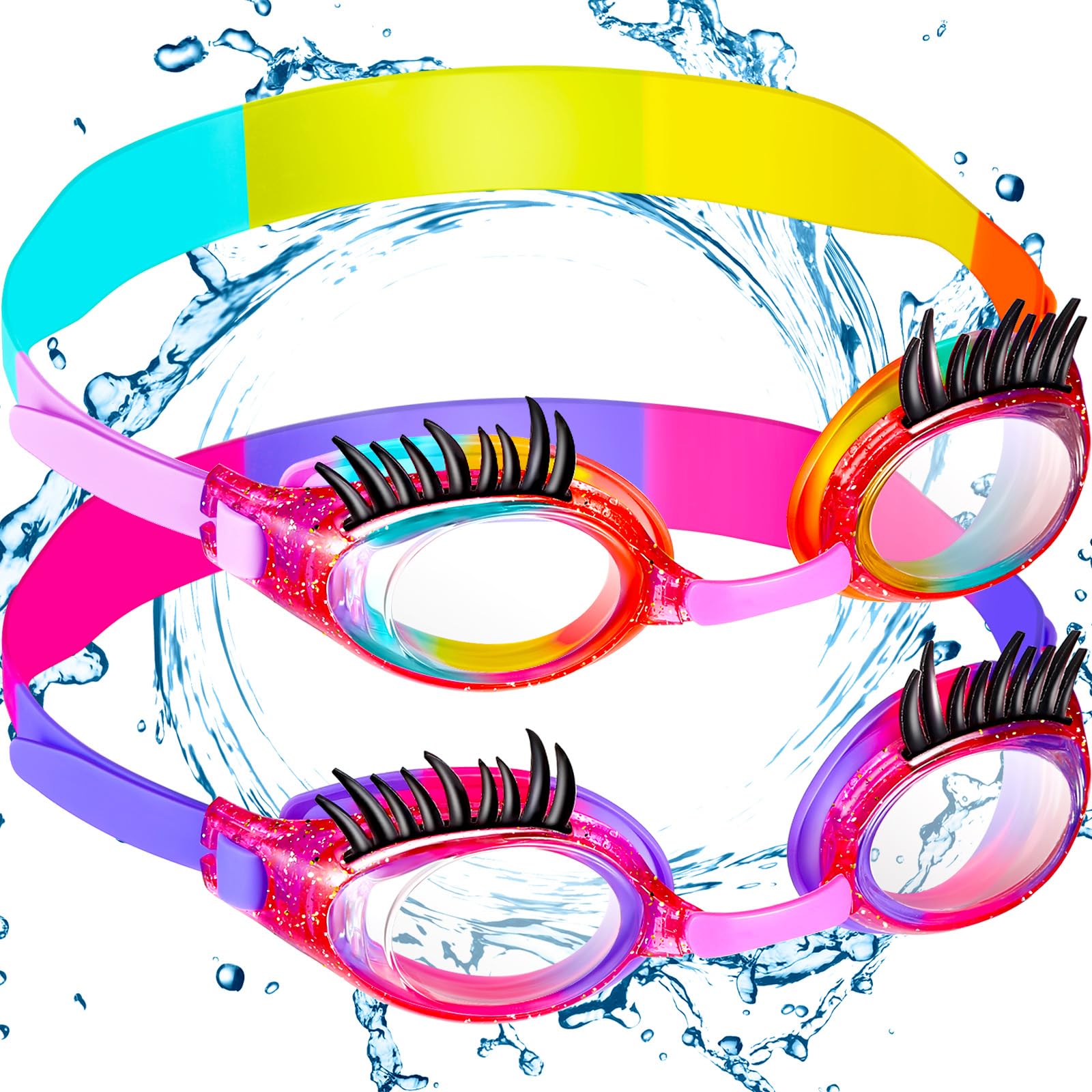 Konohan 2-Pack Kids Swim Goggles with Eyelashes - No Slip, Leak Proof, Anti-Fog & UV Protection for Girls - Perfect for Swimming Lessons, Pool Parties & Lash Extensions