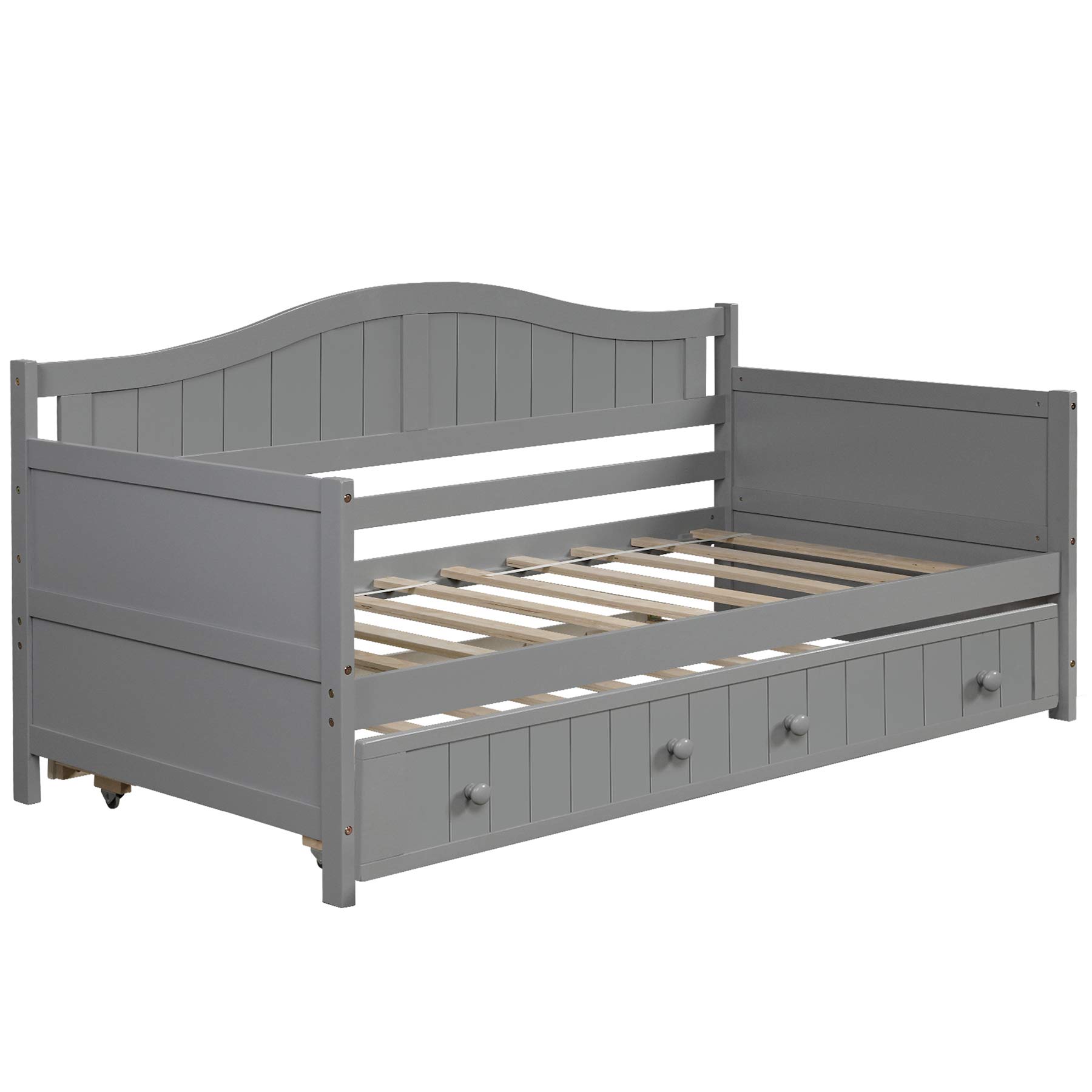 P PURLOVE Twin Daybed with Trundle - Wooden Sofa Bed Frame for Bedroom & Living Room - Space Saving Guest Bed (Gray) - Perfect for Small Spaces, Sleepovers & Multi-Functional Furniture Needs