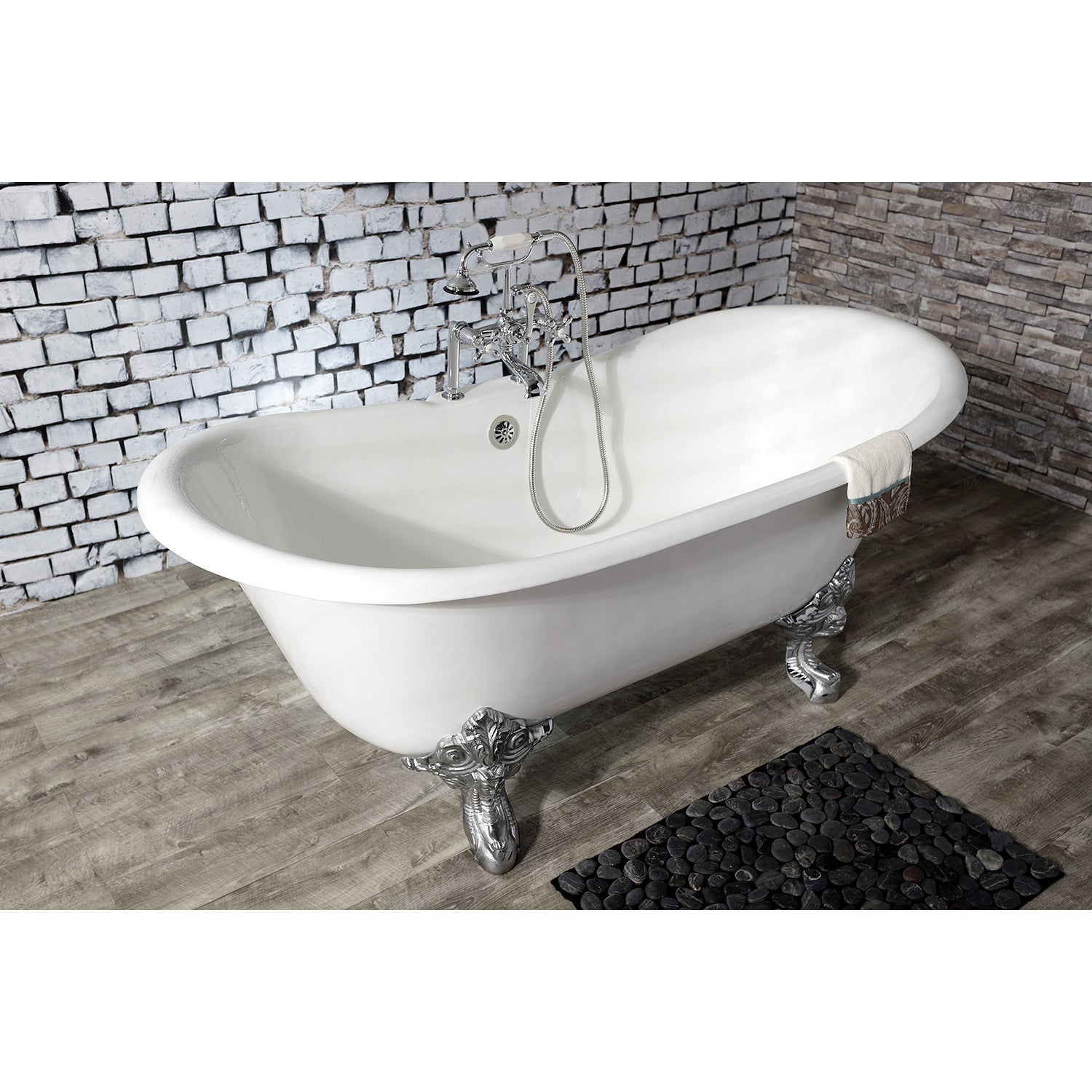 Aqua Eden 67 Inch White Cast Iron Oval Double Slipper Clawfoot Bathtub with Polished Chrome Faucet Drillings - Vintage Freestanding Soaking Tub for Luxury Bathroom & Spa Retreat