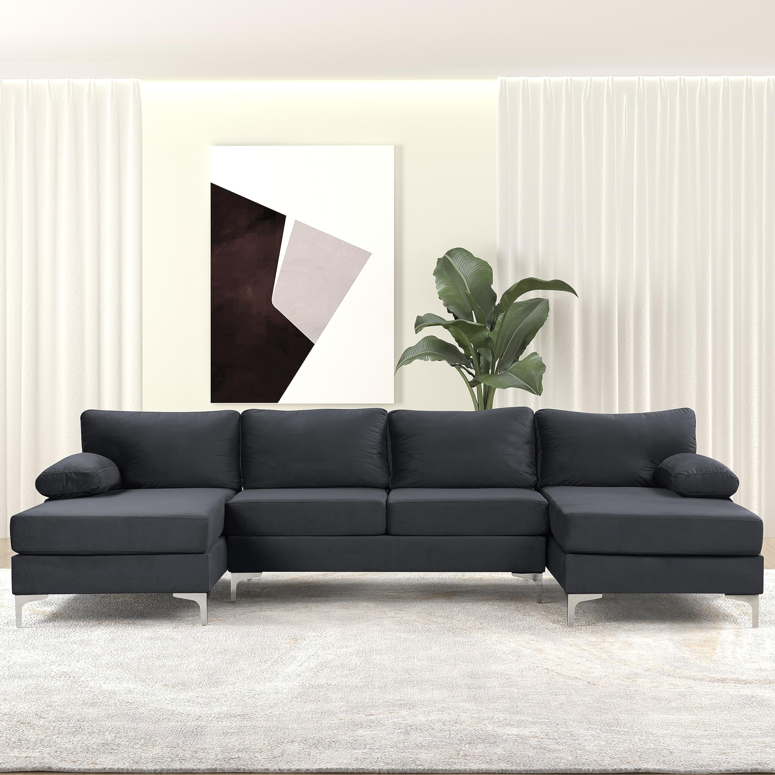 Modern Large Velvet U-Shaped Sectional Sofa with Double Wide Chaise Lounge - Luxurious Fabric Living Room Couch for Spacious Homes & Family Gatherings