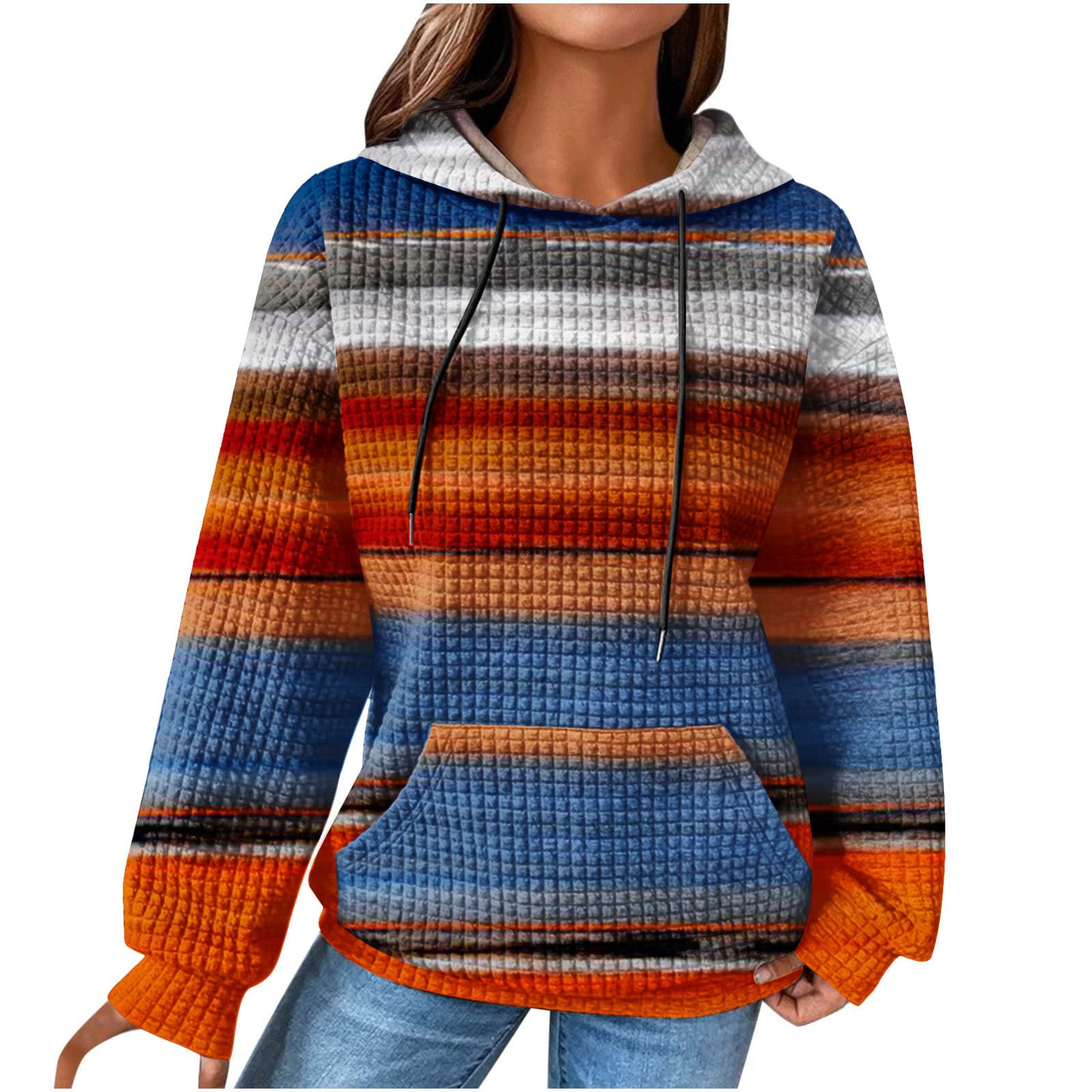 Women's Color Block Hoodie - Long Sleeve Round Neck Pullover Sweatshirt with Drawstring, Loose Fit Waffle Knit Fashion Top for Fall 2023 | Casual Outfit, Streetwear, Layering for Cool Weather