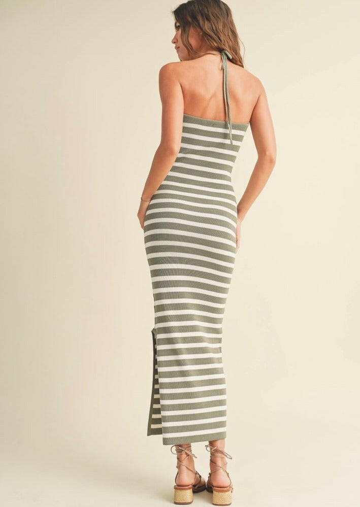 Sage Green Striped Knitted Maxi Dress with Knot Front Detail - Elegant Boho Summer Beach Dress for Women