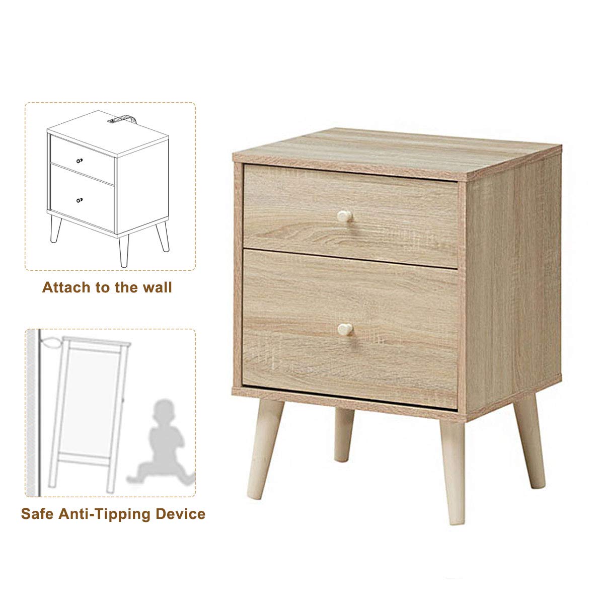 Giantex Nightstand with Drawers & Solid Rubber Wood Legs - Large Storage Side Table for Bedroom, Living Room, Hallway - Natural Wood End Table (Set of 2) | Perfect for Organizing Books, Lamps & Bedroom Essentials