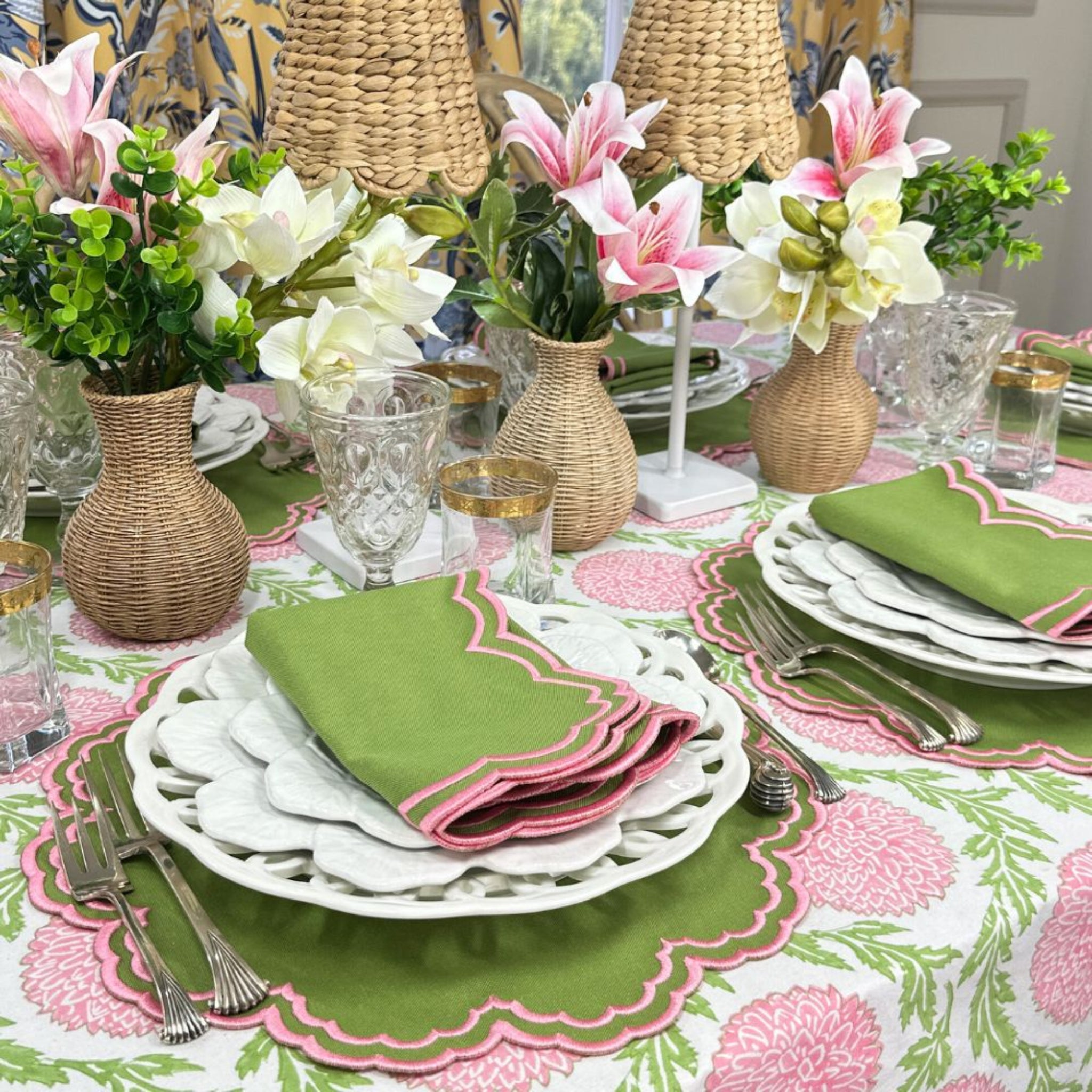 Bettina Placemat Set of 4 - Green & Pink Cotton Table Mats for Dining, Kitchen, and Party Decor | Waterproof & Heat Resistant